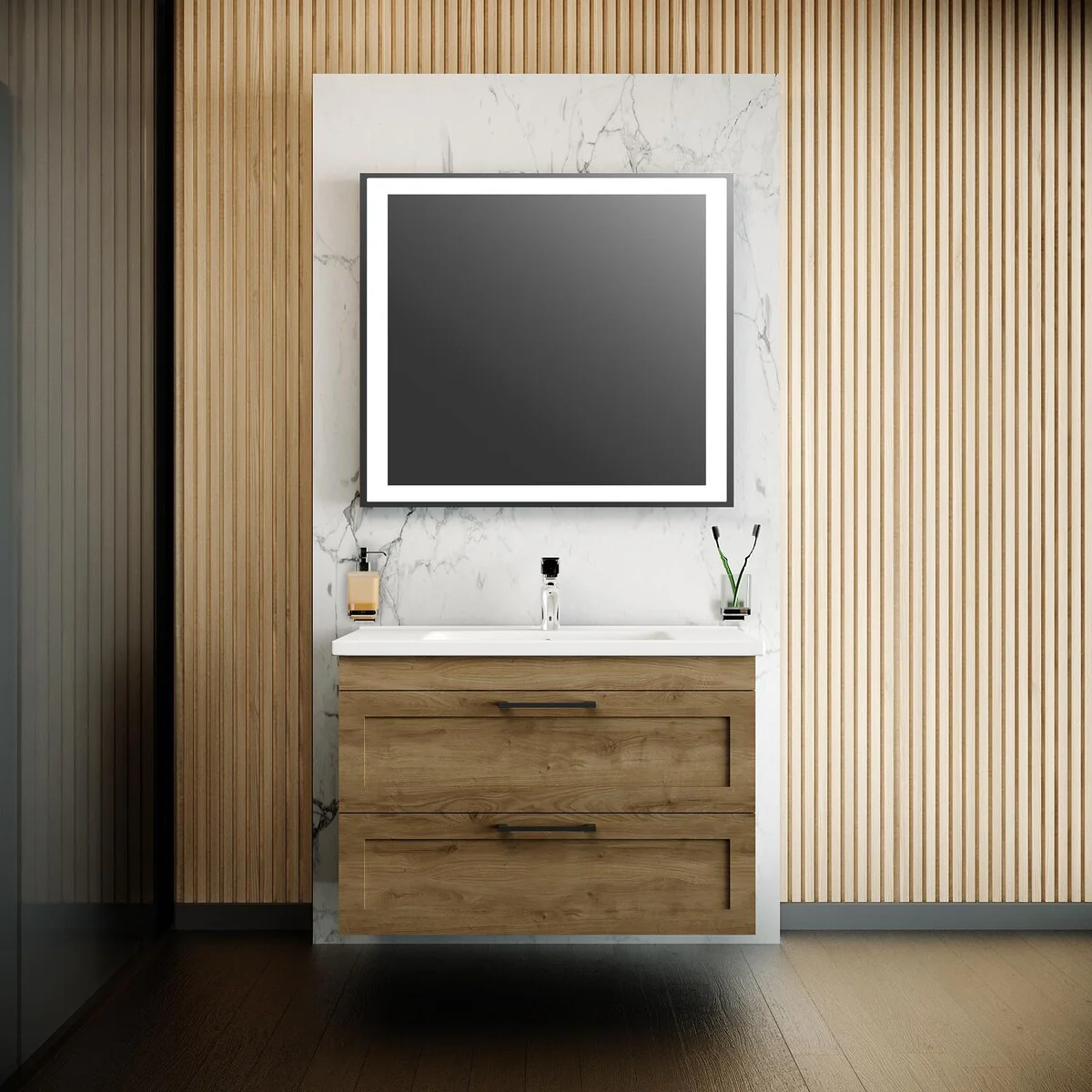 Modern Wall-Mounted Bathroom Vanity with Washbasin Palm Beach Teak Natural Non-Toxic MDF-26