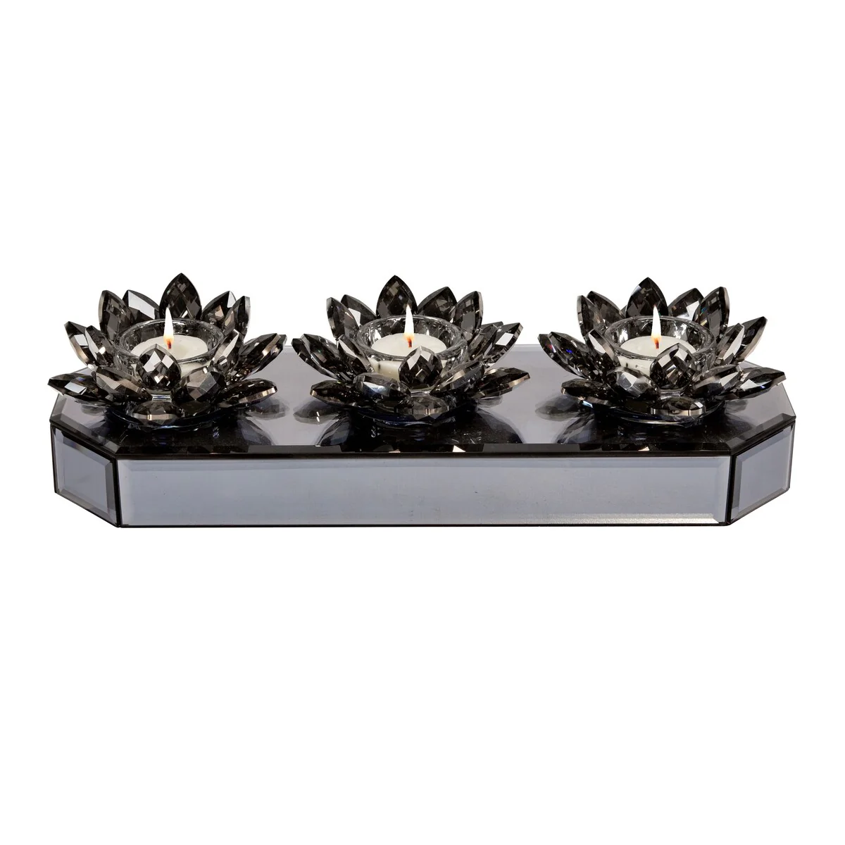 Cut Glass Crystal Lotus 3-Candle Holder on Mirrored Base - 13