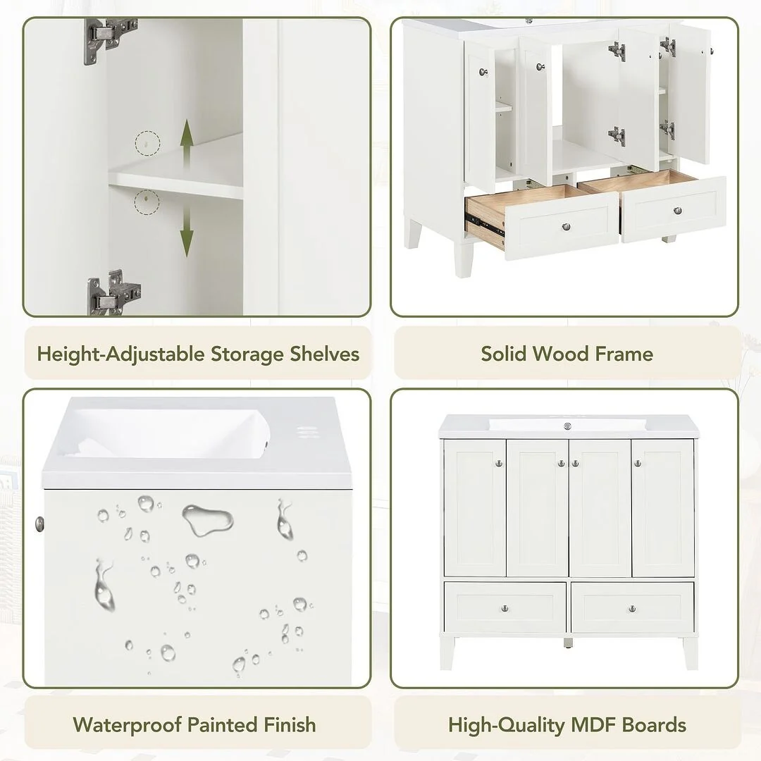 36'' Bathroom Vanity with Sink Set, Solid Wood Frame Bathroom Storage Cabinet, Freestanding Vanity Set