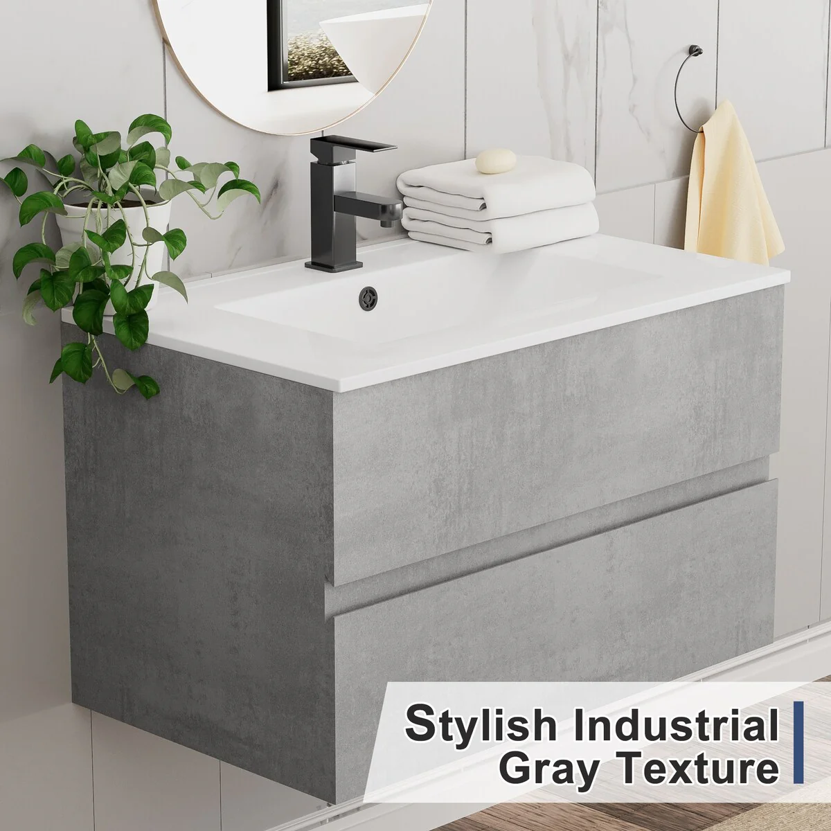 Wall Mounted Bathroom Vanity Sink Combo Cabinet Vanity Set Beveled Invisible Handles