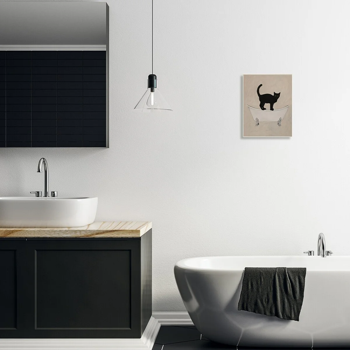 Stupell Black Cat Simple Claw Foot Bathtub Bathroom Painting Wood Wall Art