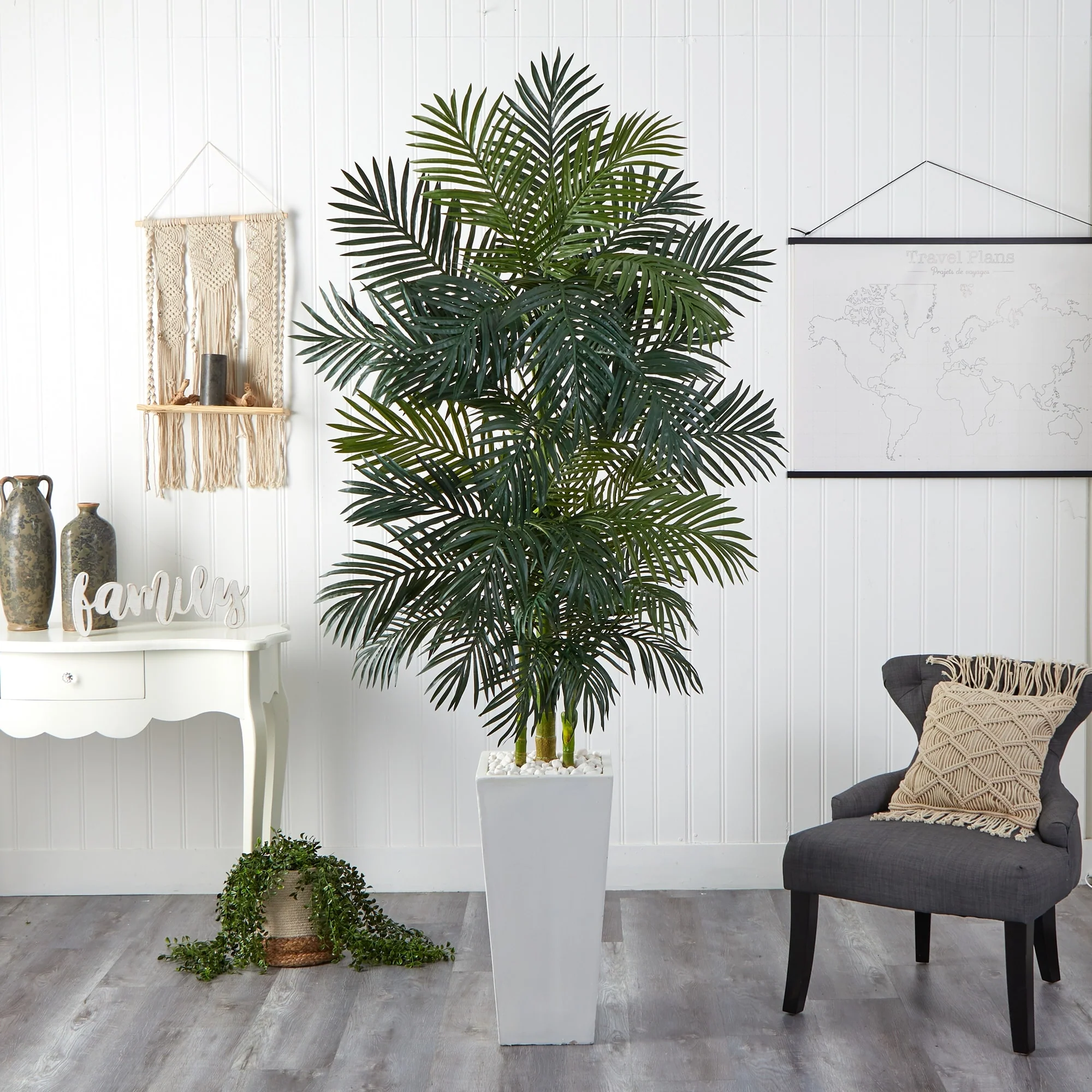 Golden Cane Palm Artificial Tree in White Tower Planter - Green