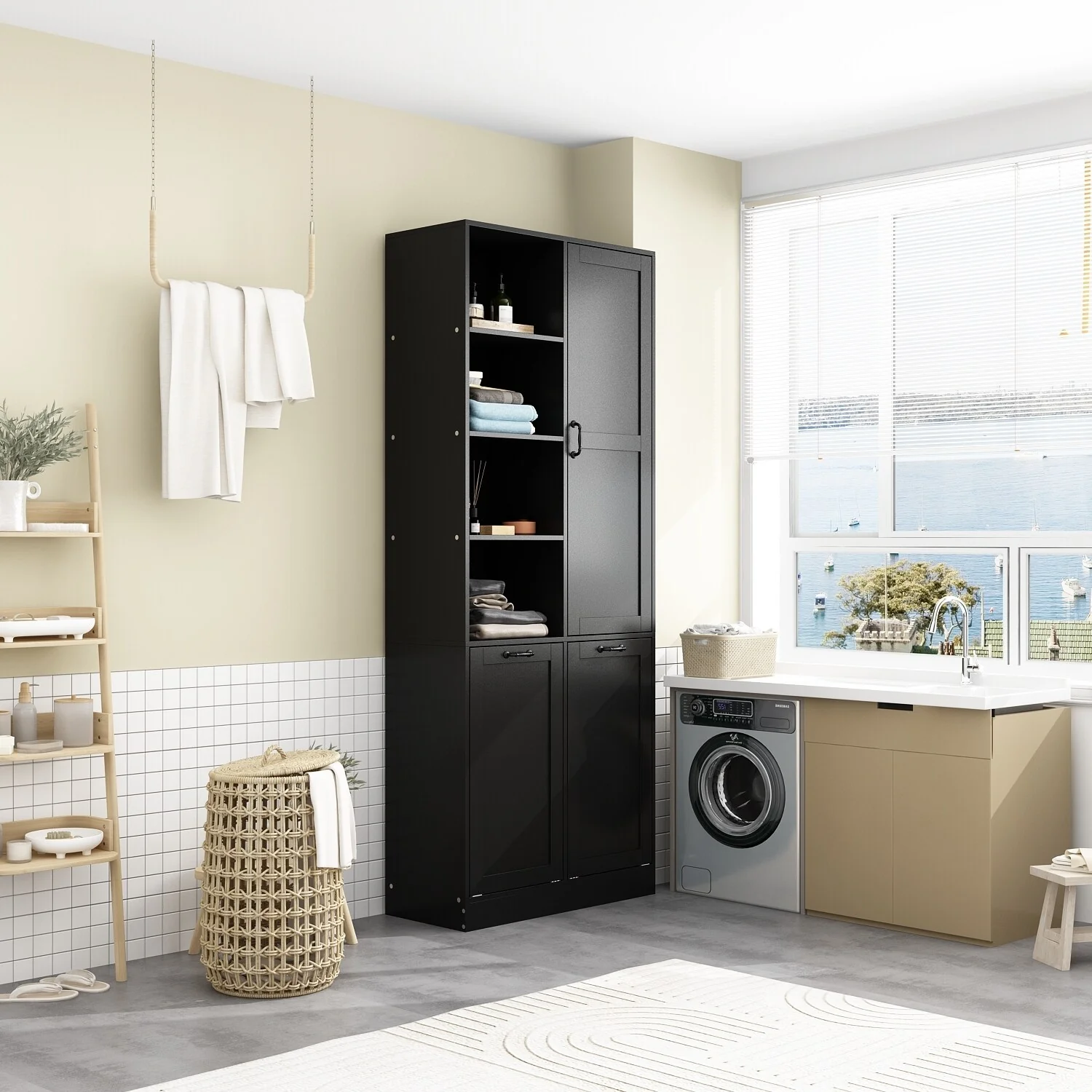 Sleek White Laundry Bathroom Cabinet with Unique Rotating Drawers