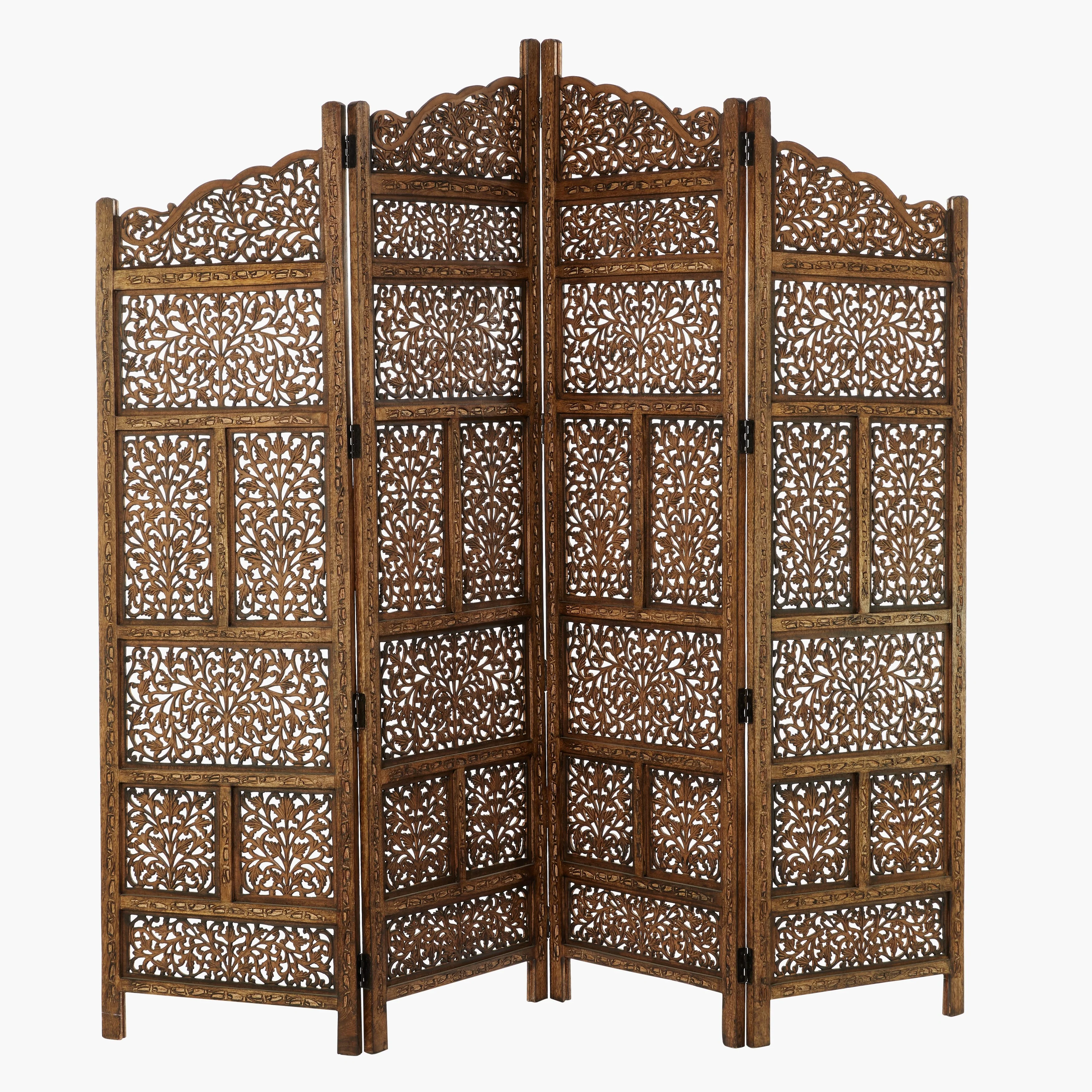 Hand Carved Fold-able 4-Panel Wooden Partition Screen/ Room Divider, Brown