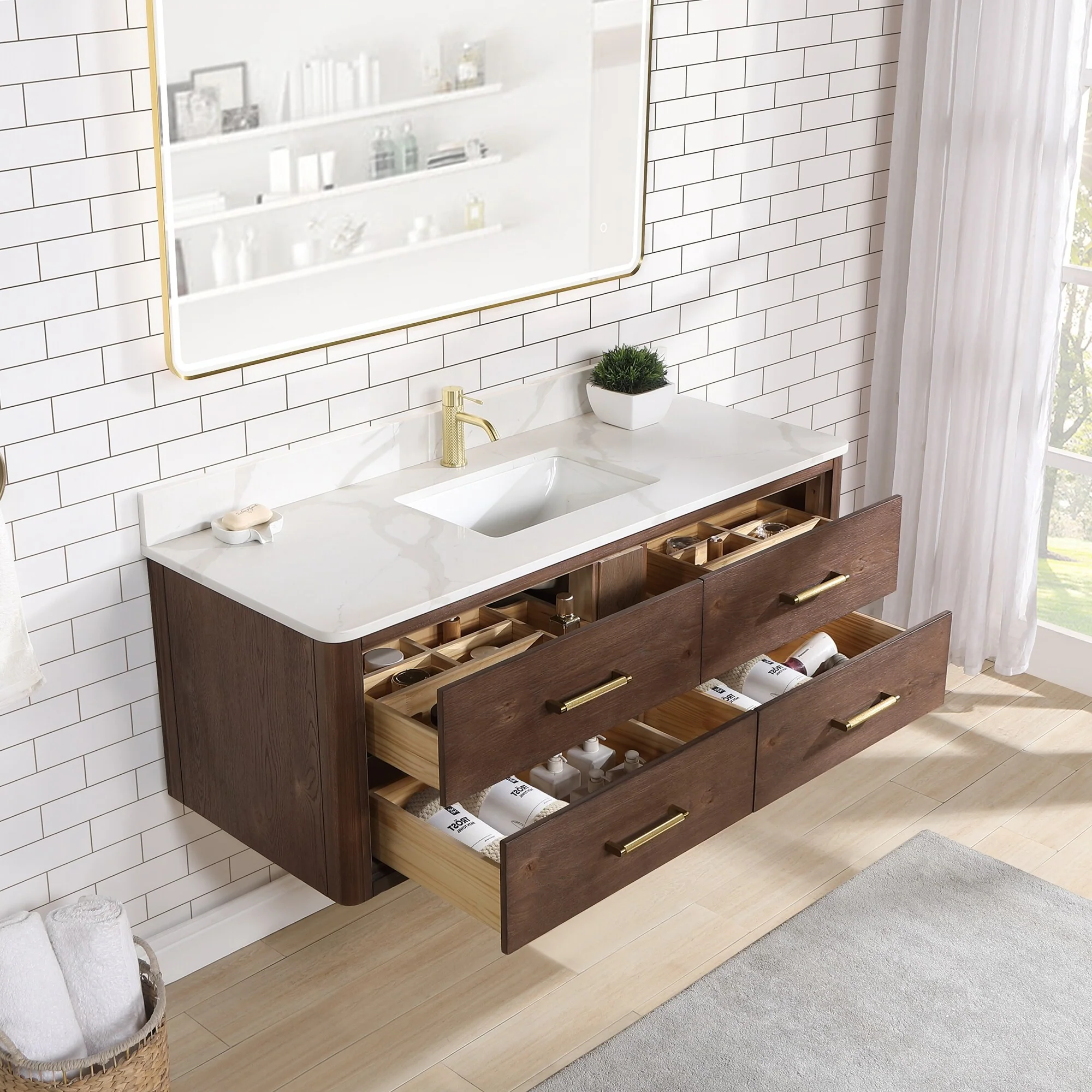 Cristo Floating Bath Vanity with White Quartz Stone Top and Mirror