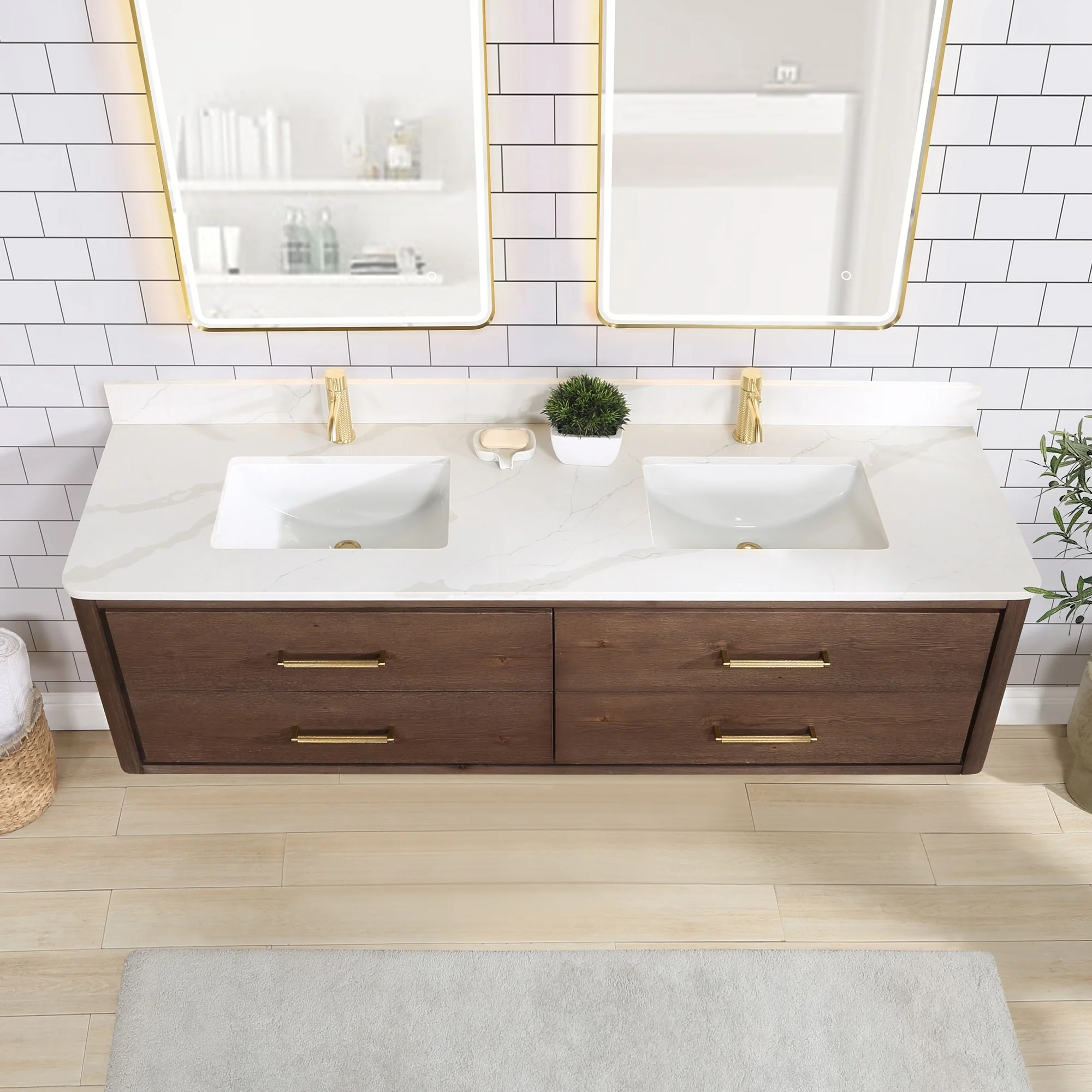 Cristo Floating Bath Vanity with White Quartz Stone Top and Mirror