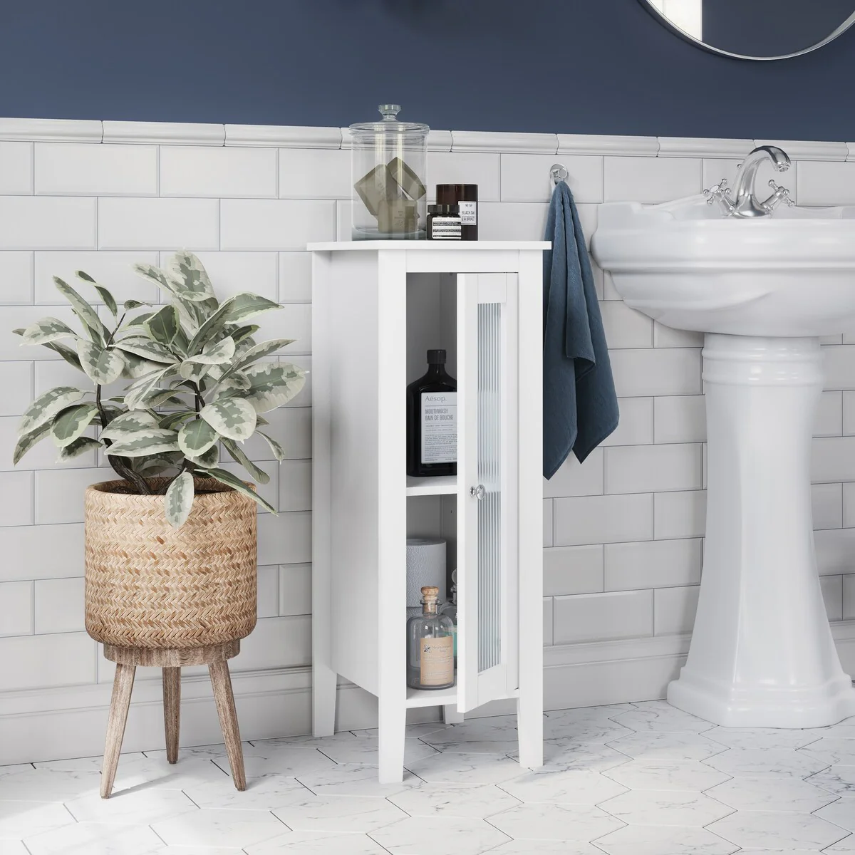 RiverRidge Prescott Single Door Narrow Bathroom and Laundry Storage Cabinet and Organizer with Adjustable Shelves - White