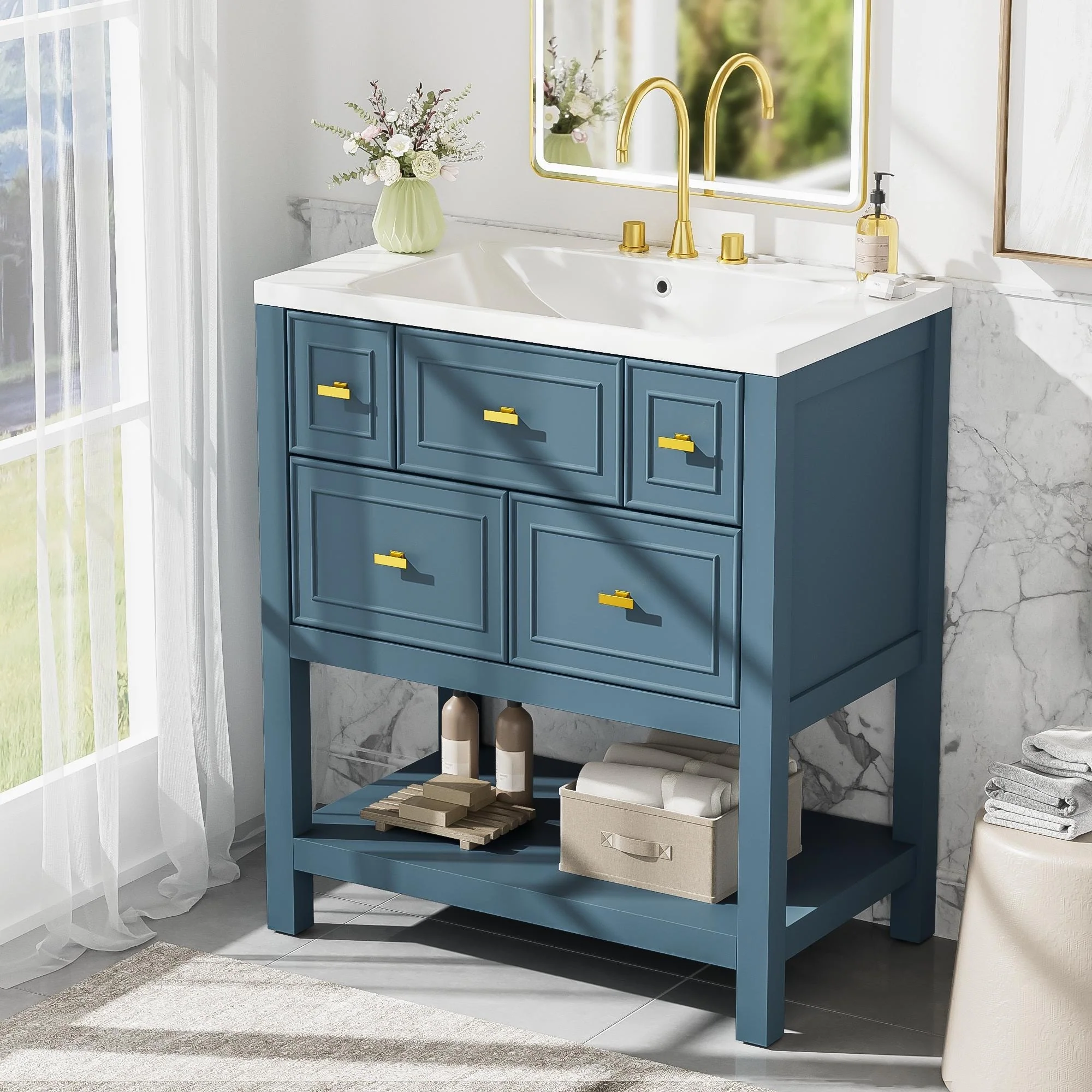 Free Standing Single Bathroom Vanity with 5 Drawers Bathroom Storage Cabinet