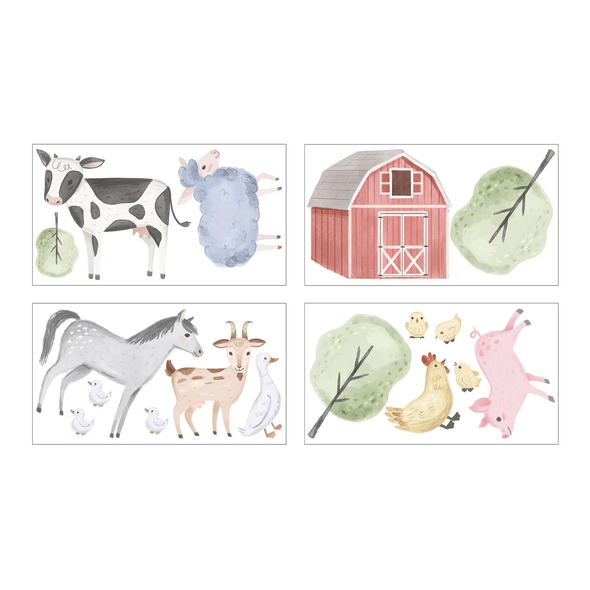 Farm Animals Peel and Stick Wall Decal Stickers Art Nursery Decor (Set of 4) - Watercolor Farmhouse Horse Cow Sheep Pig