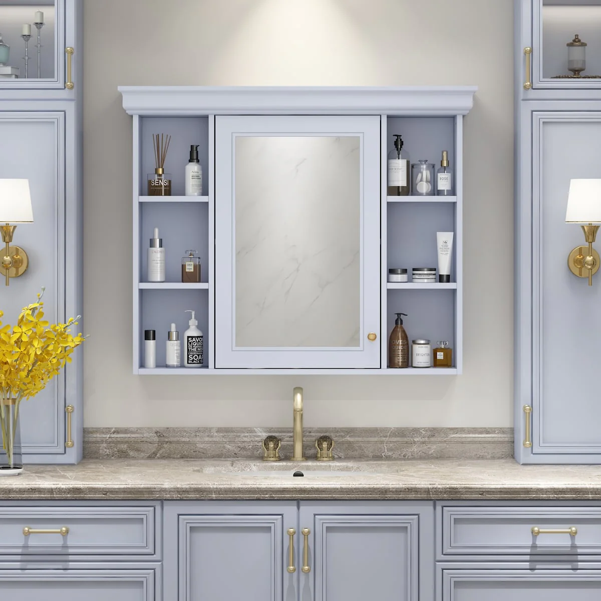 Modern Wall Mounted Bathroom Medicine Cabinet with Mirror Door & 6 Open Shelves