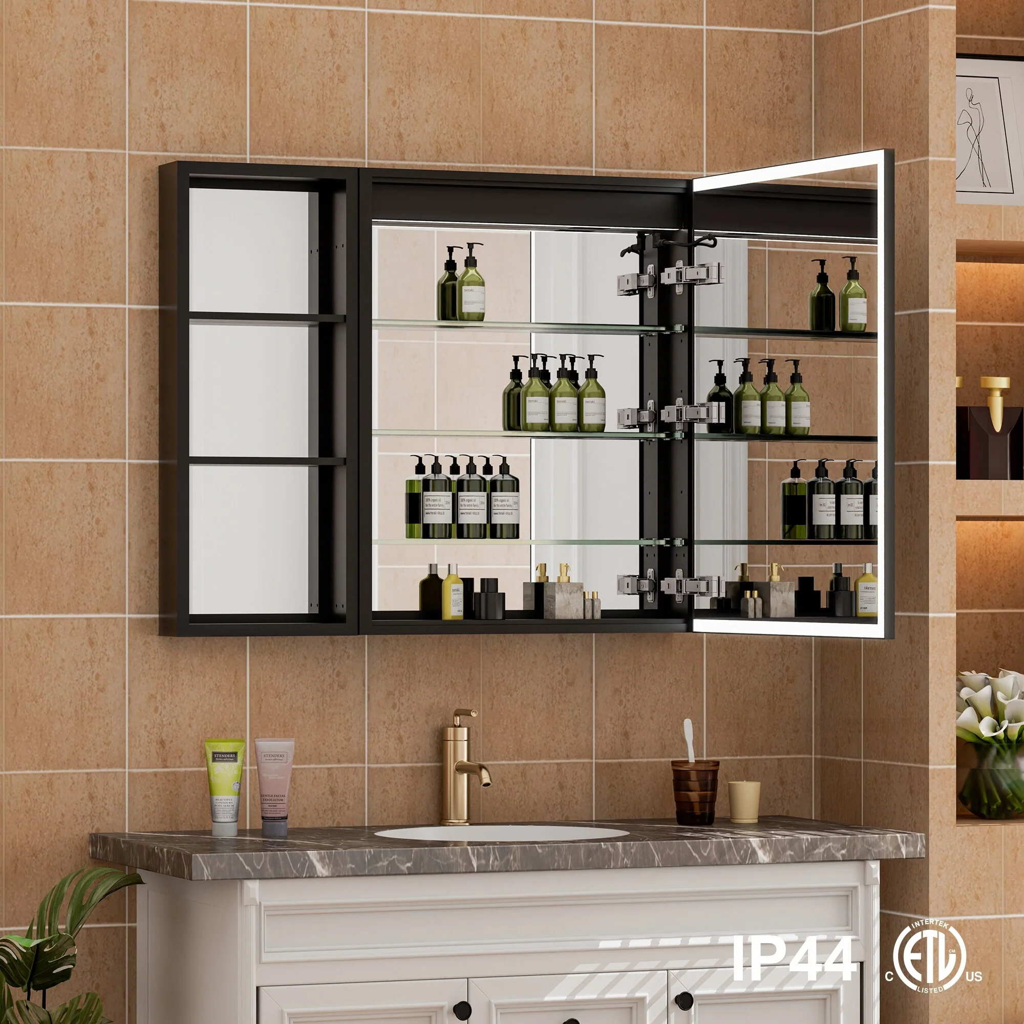 30 in. H Recessed or Surface Wall Mounted LED Mirror Cabinet With Black Side Cabinet