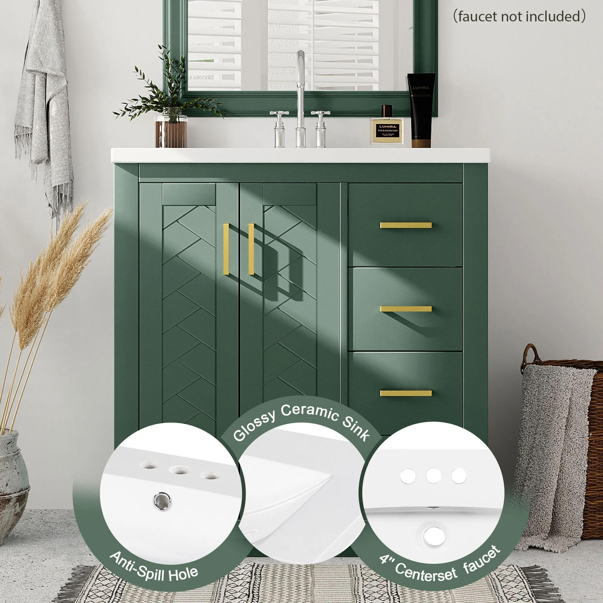 30'' Bathroom Vanity with Ceramic Sink Combo, Bathroom Storage Cabinet Vanity Set with 3 Drawers& Soft Closing Doors