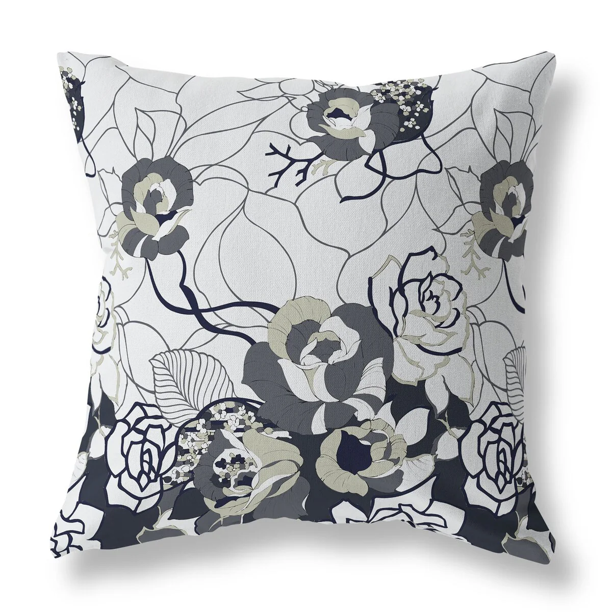 White And Dark Regal Rose Retreat Indoor/Outdoor Throw Pillow Zipper