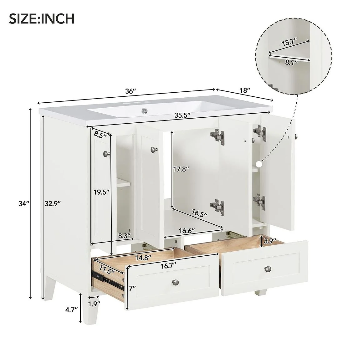 36'' Bathroom Vanity with Sink Set, Solid Wood Frame Bathroom Storage Cabinet, Freestanding Vanity Set