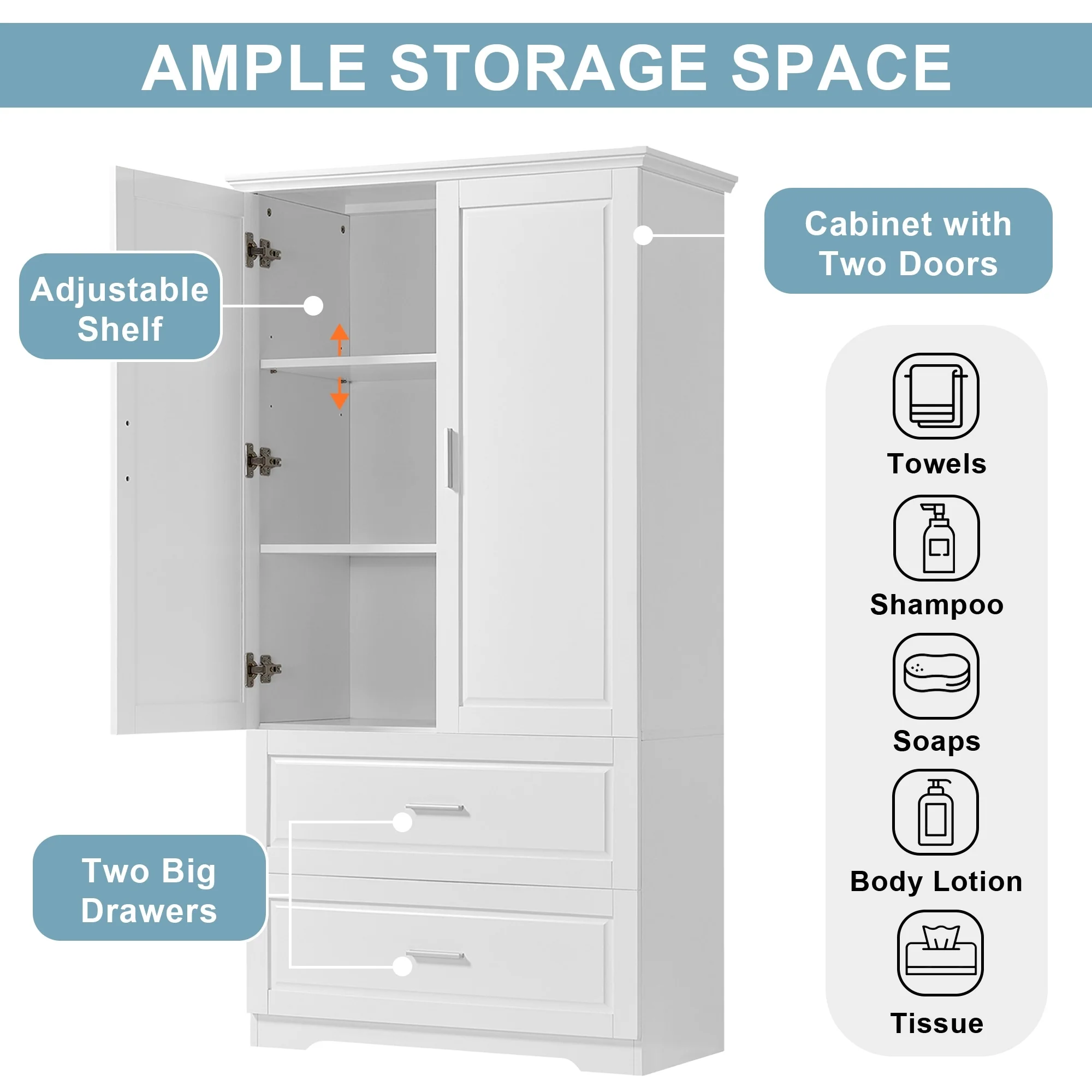 Tall Bathroom Storage Cabinet with 2 Doors, 2 Drawers & Adjustable Shelf