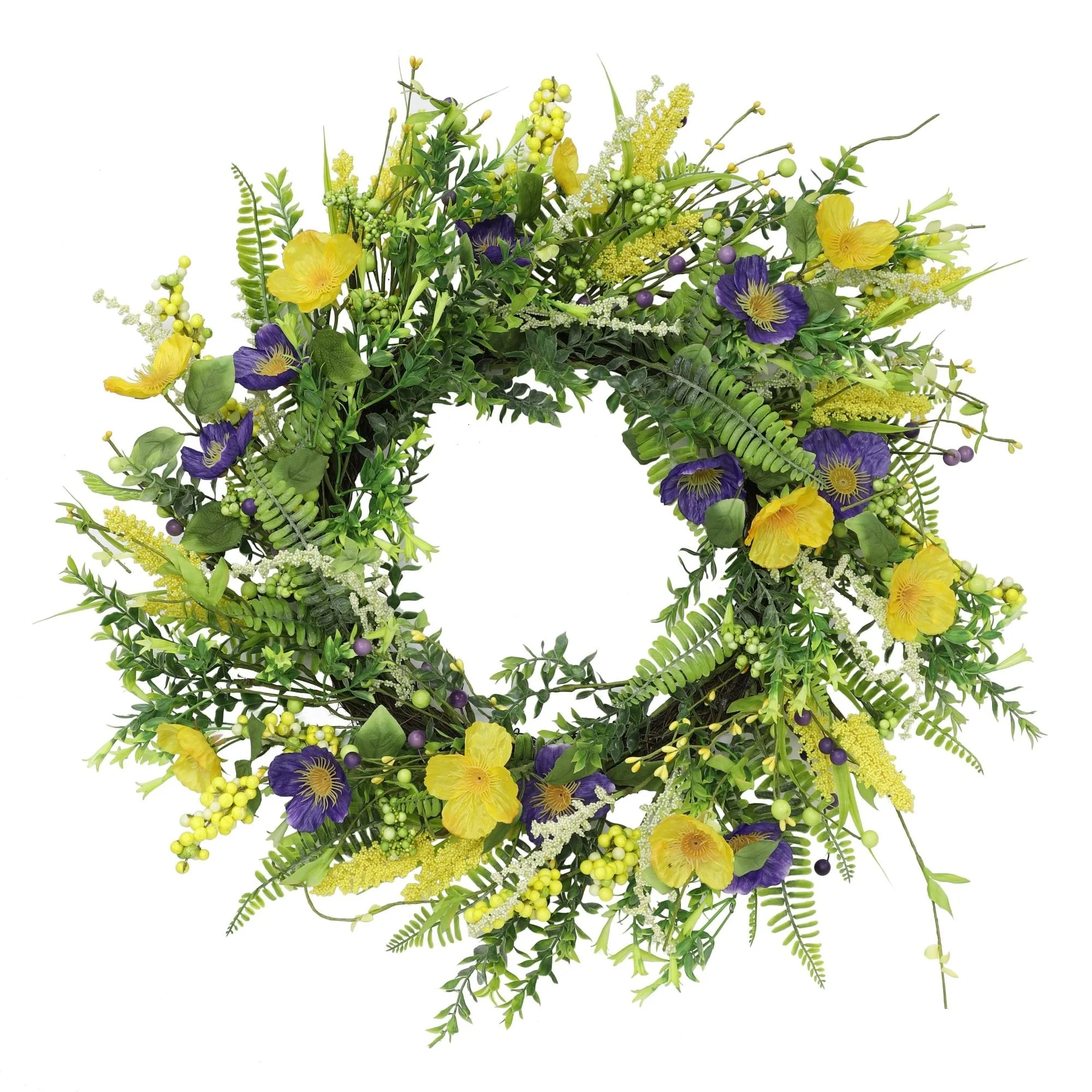 Yellow Purple Faux Twig Spring Mixed Floral Wreath - 24-Inch, Unlit