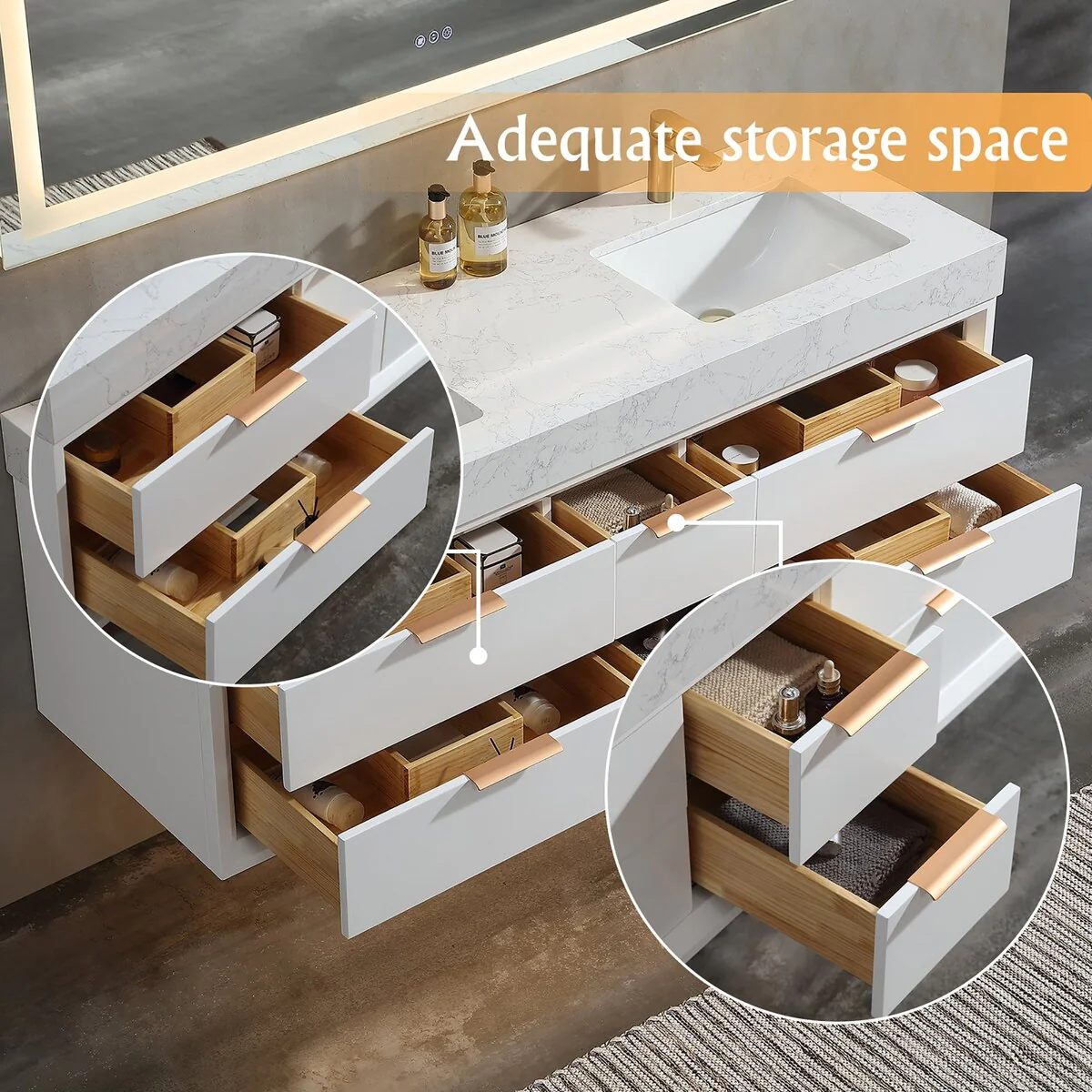 60 Inch Solid Wood Frame Wall-Mounted Bathroom Vanity Set with Double Ceramic Basin