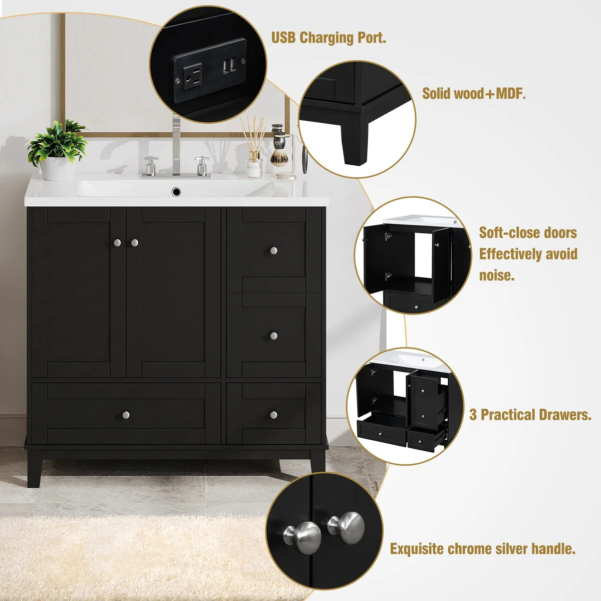 36 Inch Bathroom Vanity with USB Charging, Two Doors and Three Drawers, Small Bathroom Vanity cabinet with single sink