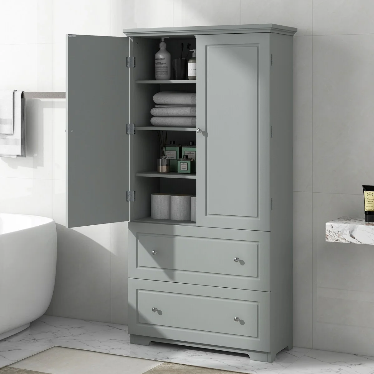 Tall Bathroom Storage Cabinet with Two Doors and Drawers