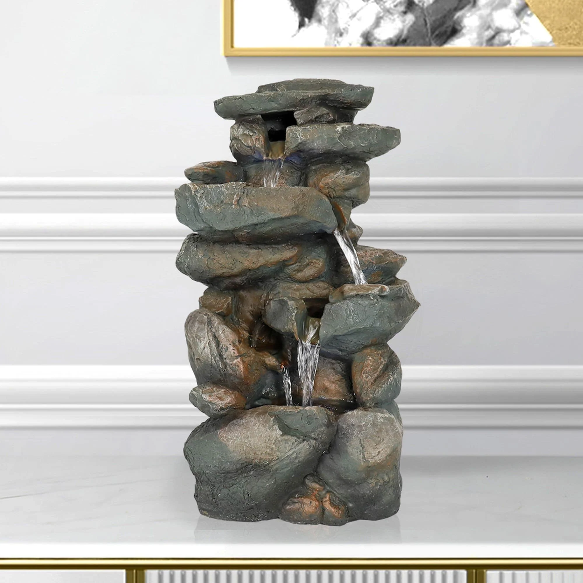 4 Tier Indoor Water Fountain Resin Rockery for Home Office