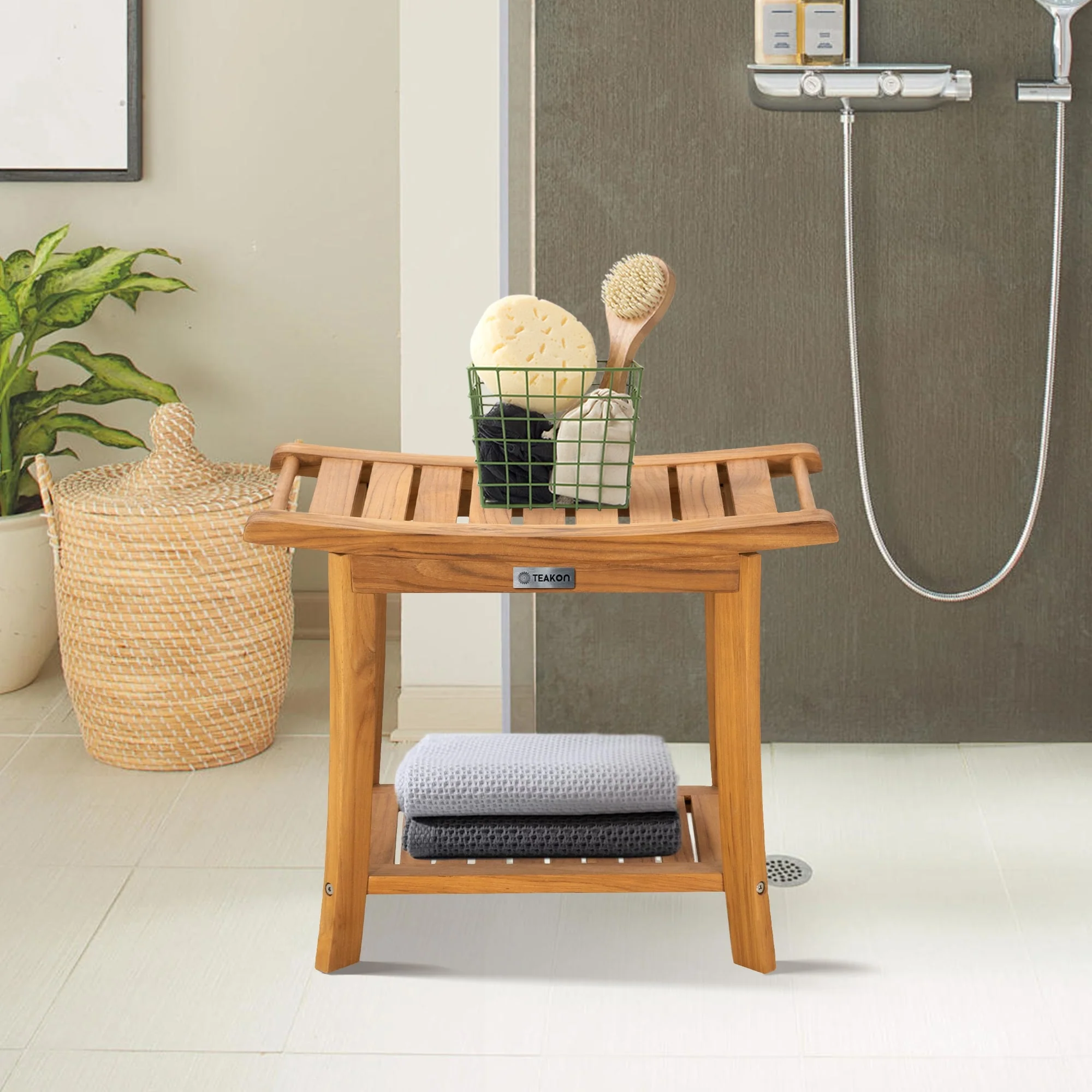 Bathroom Stool with Storage Shelf, Teak Shower Bench Waterproof Wood Bench, Shower Seat