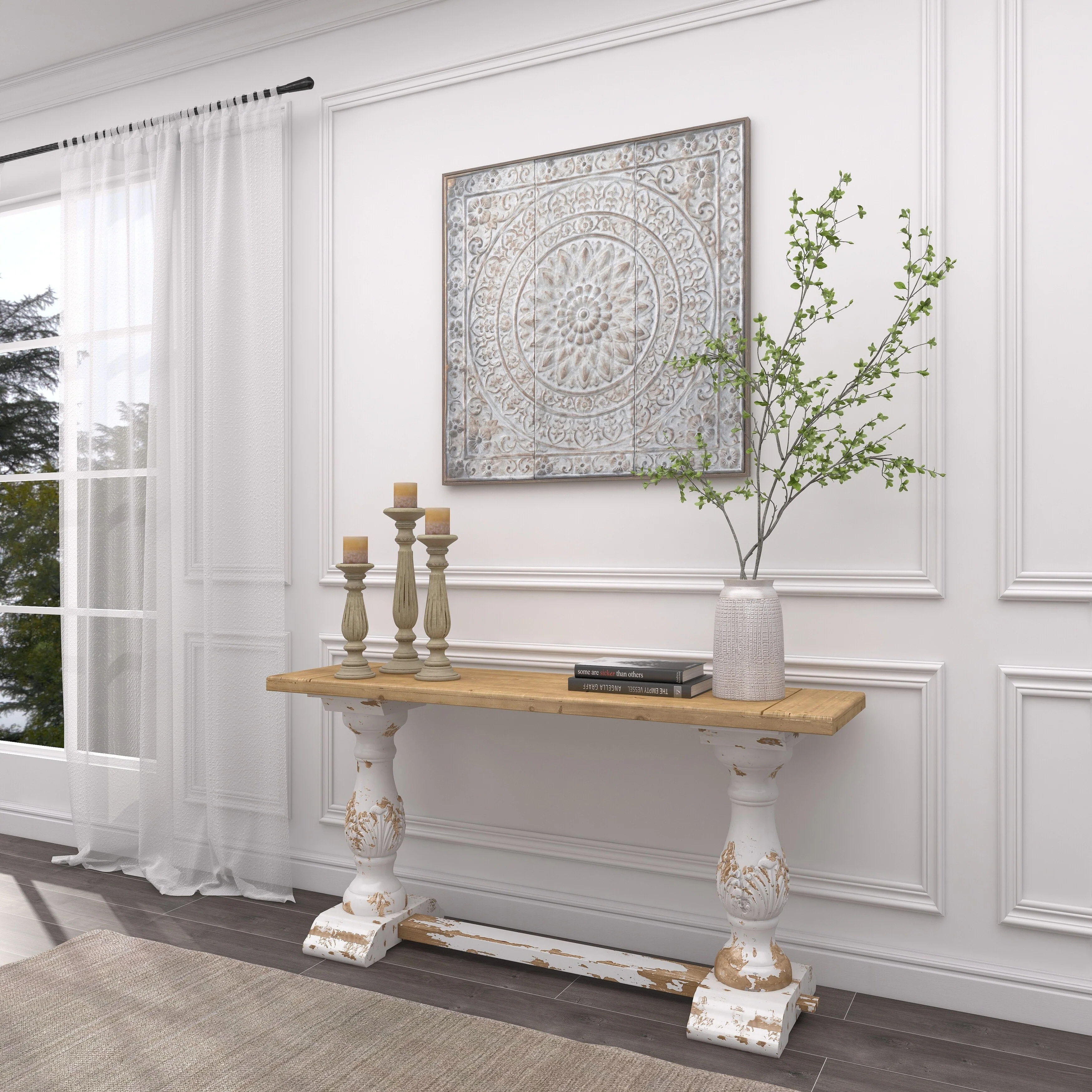 Traditional Mango Distressed Turned Pillar Wood Candle Holder (Set of 3) - Dark Brown, Beige, White