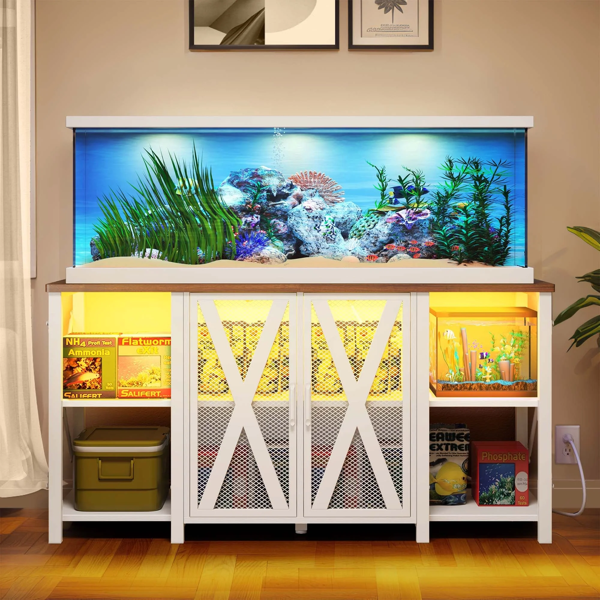 Moasis 75-120 Gallon Aquarium Stand with Power Outlet & LED Light,Heavy Duty Metal Fish Tank Stand