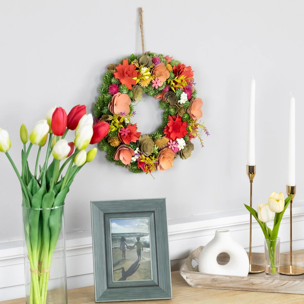 Mixed Floral Artificial Wooden Spring Wreath - 12.5