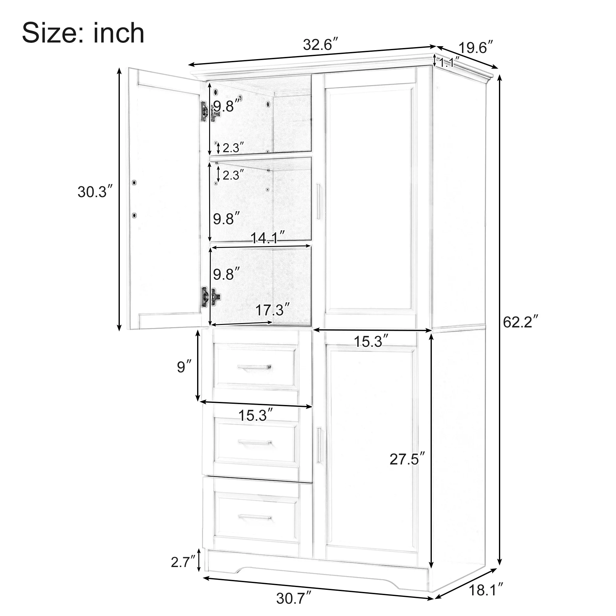 Tall and Wide Storage Cabinet with Doors for Bathroom/Office
