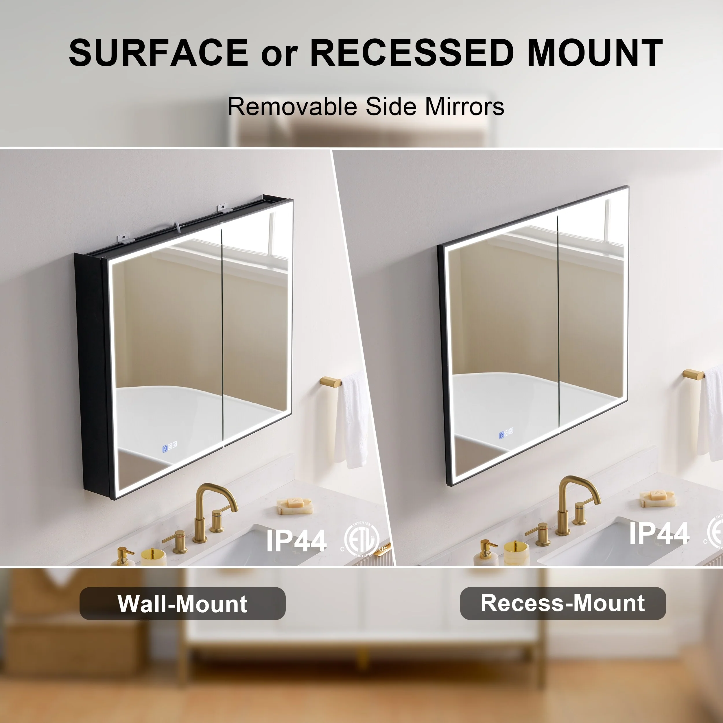 30'' H Recessed Or Surface Wall Mounted LED Mirror Cabinet With Mirror And Adjustable Shelves,Black Frame