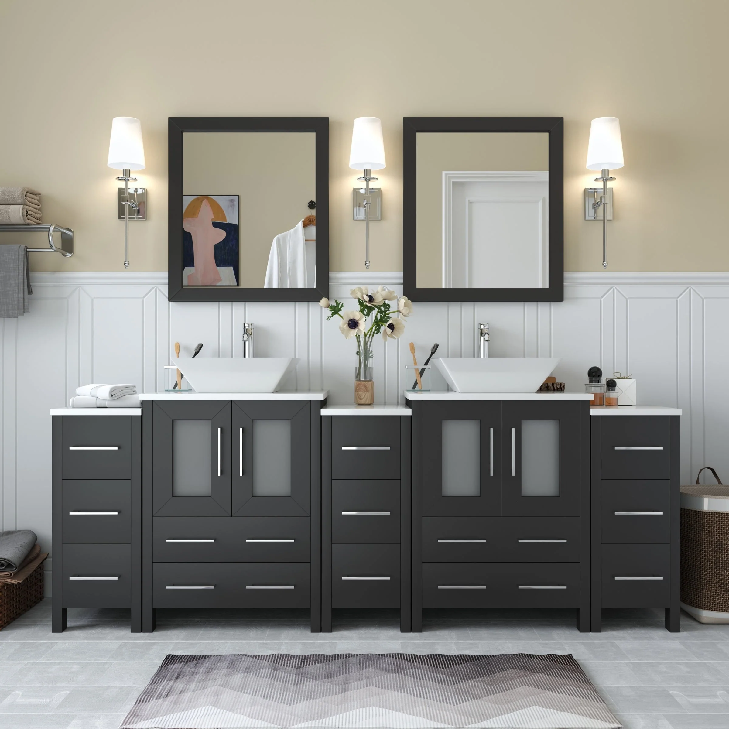 Vanity Art 84-Inch Double Sink Bathroom Vanity Set with Engineered Marble Top and Free Mirror - 84 W X 18.5 D X 31.1 H