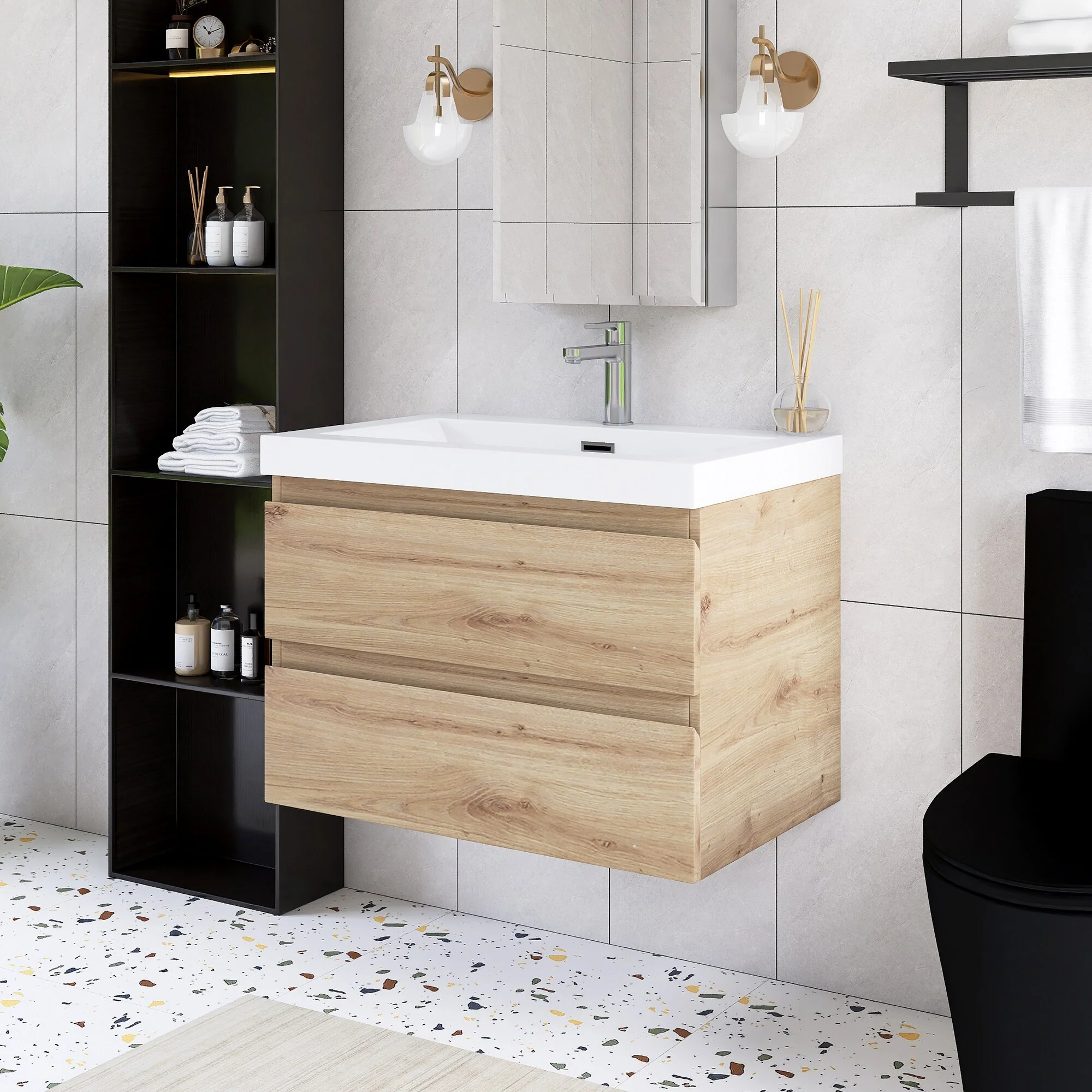 Angela Wall Mounted Bathroom Vanity in F. Oak with White Cultured Marble Top