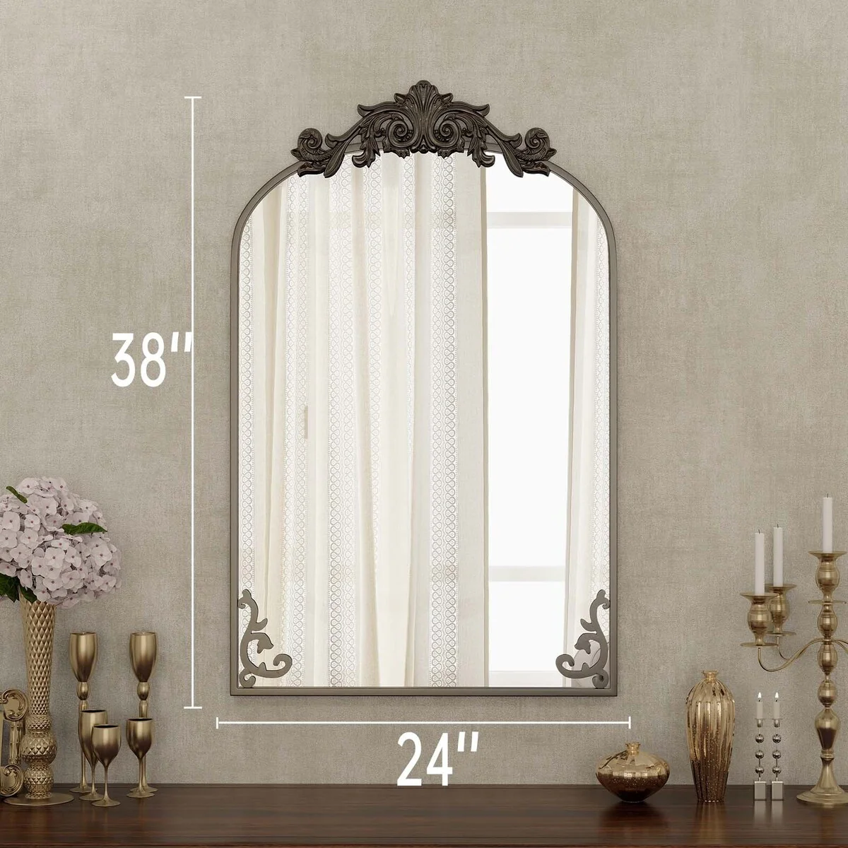 Arched Baroque Bathroom Mirror with Bottom Floral Decor