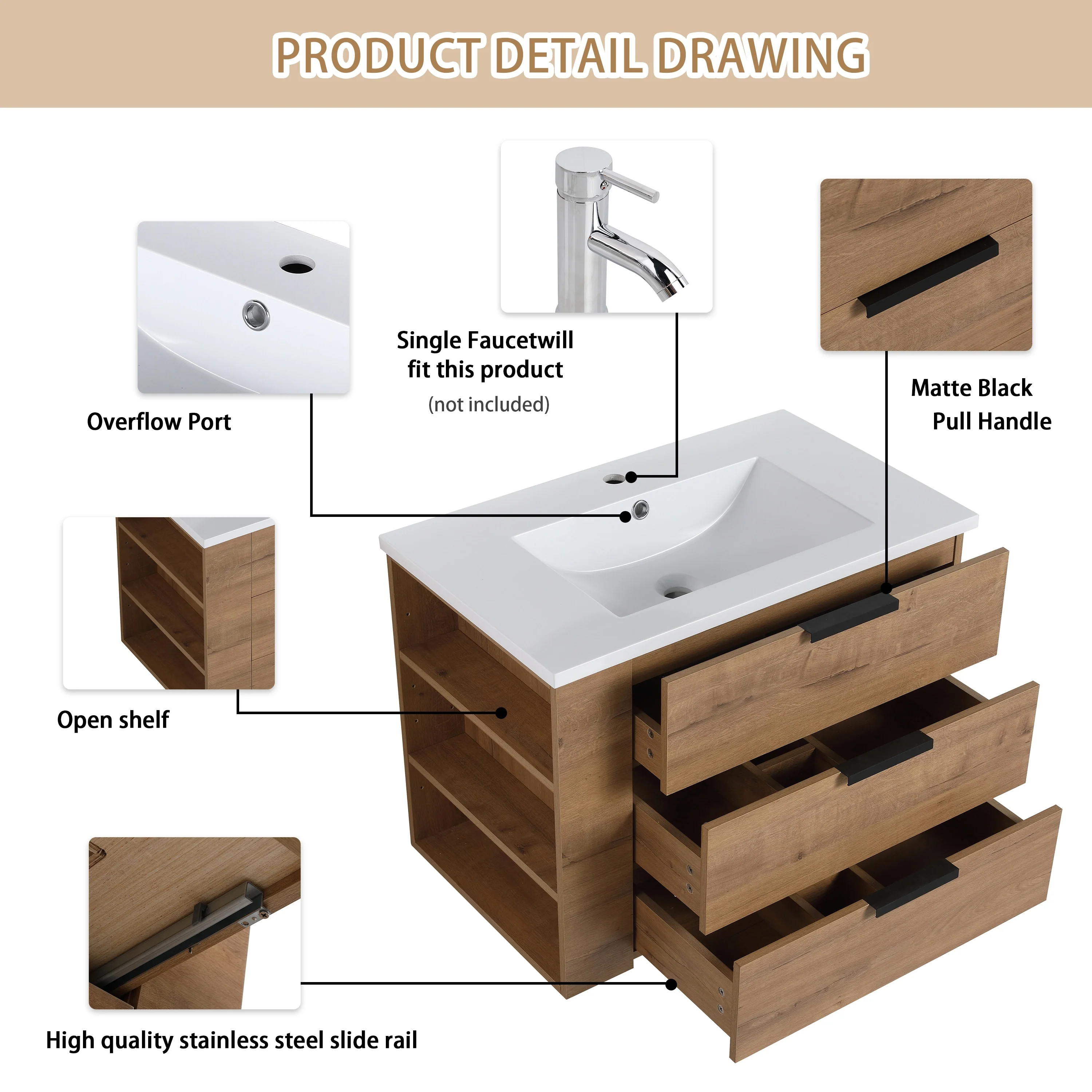 Beingnext 30''/36'' Single Sink Floating Bathroom Vanity with Soft Close Drawer and Adjustable Shelf