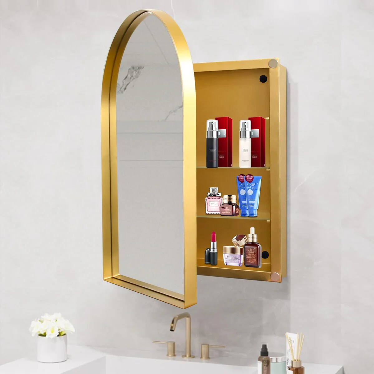24x36 Inch Arched Recessed Medicine Cabinet, Metal Framed Bathroom Wall Storage Cabinet with Mirror and Adjustable Shelves