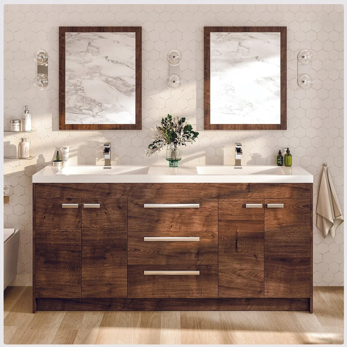 Eviva Lugano 60 inch Rosewood Modern Double Sink Bathroom Vanity with White Integrated Acrylic Top