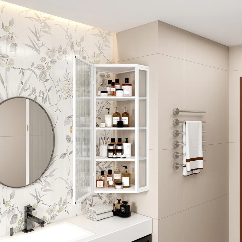 White Glass Door Wall Mounted Bathroom Corner Cabinet with Featuring Four-tier Storage for Kitchen