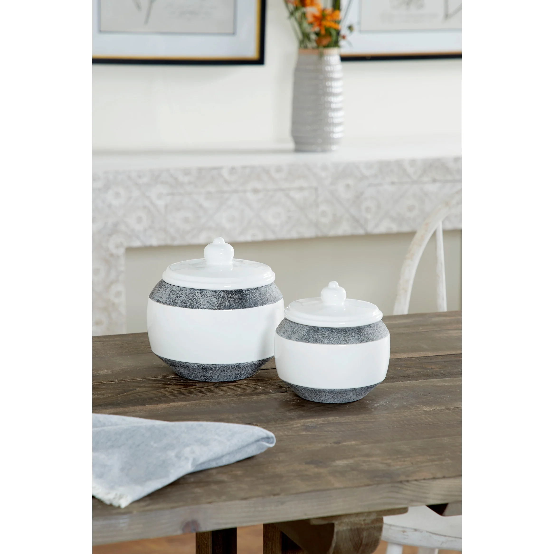 Textured Grey/ Glossy White Ceramic Jars with Lids (Set of 2) - 7 x 7 x 8
