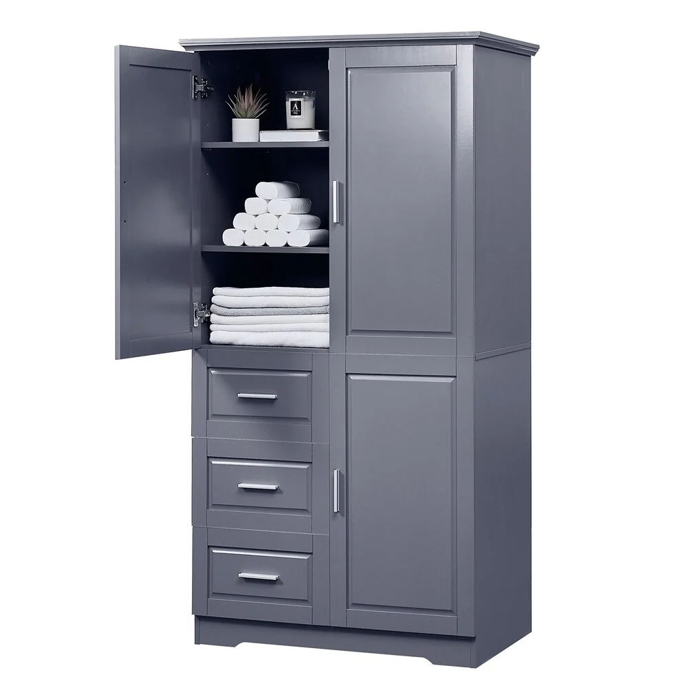 Tall and Wide Storage Cabinet with Doors for Bathroom, Three Drawers