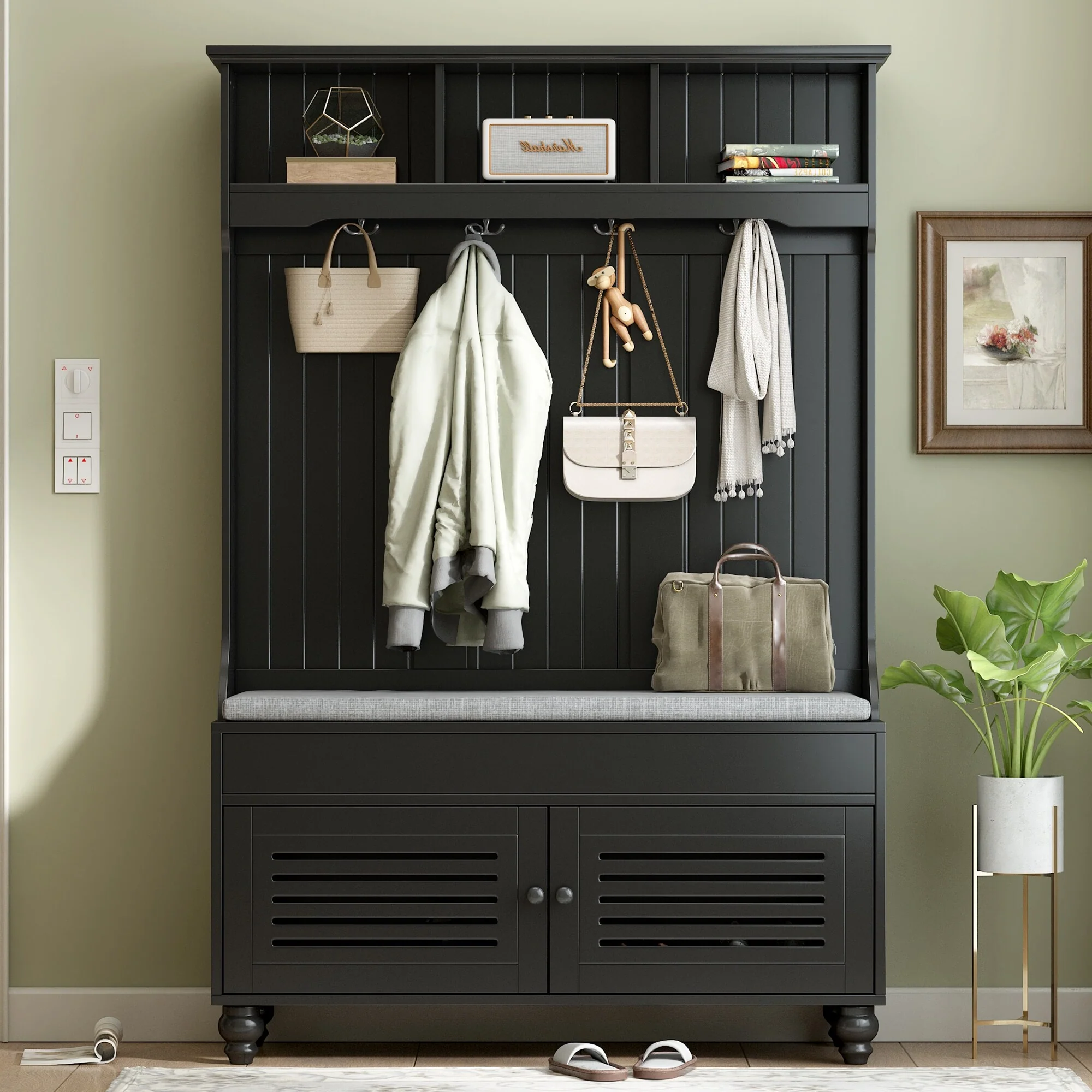 Entryway Bench Hall Tree with Shutter-Shaped Doors