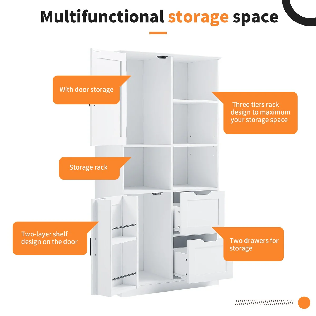 31 in. W x 16 in. D x 62 in. H White Linen Cabinet with Open Shelves and Drawers