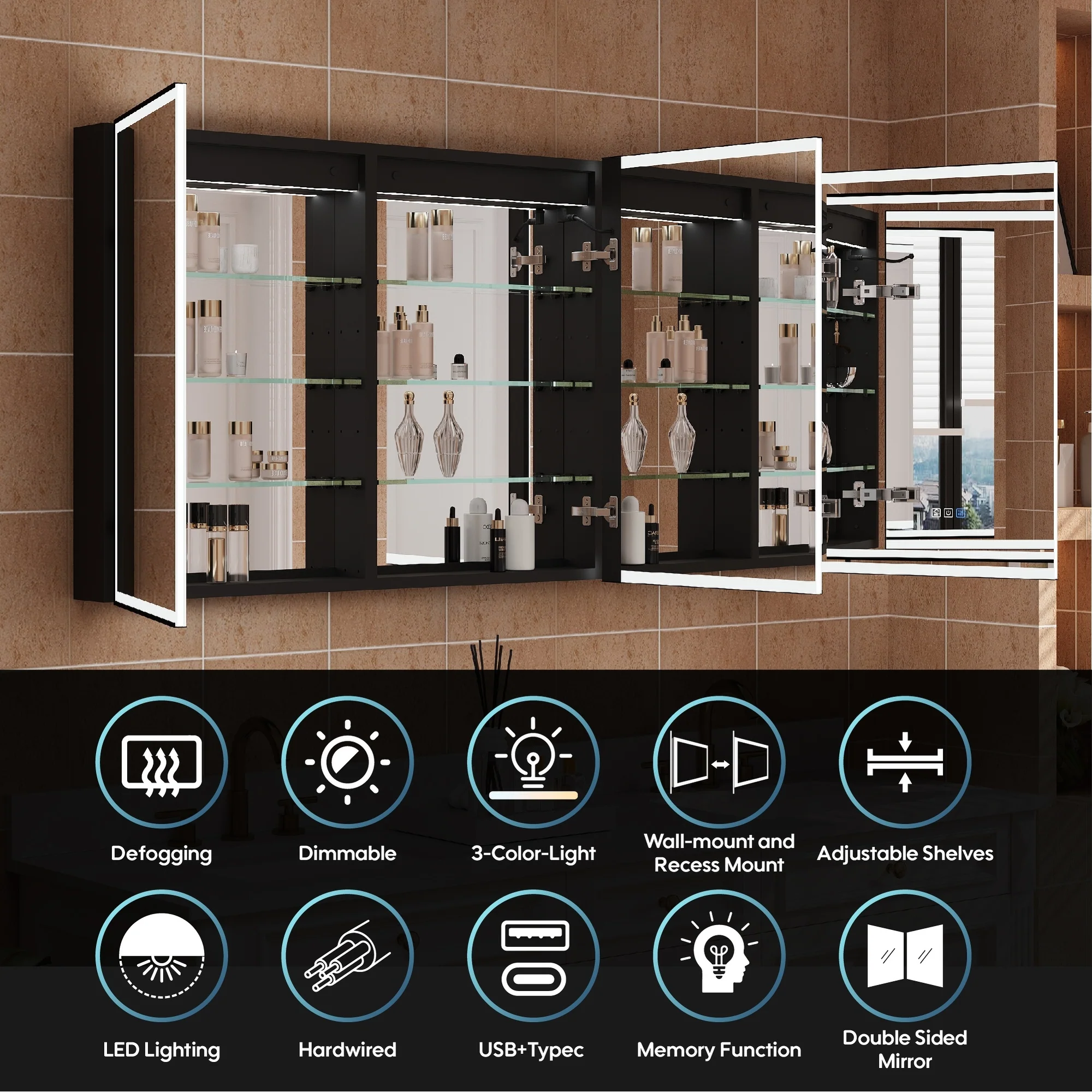 30'' H Recessed Or Surface Wall Mounted LED Mirror Cabinet With Mirror And Adjustable Shelves,Black Frame