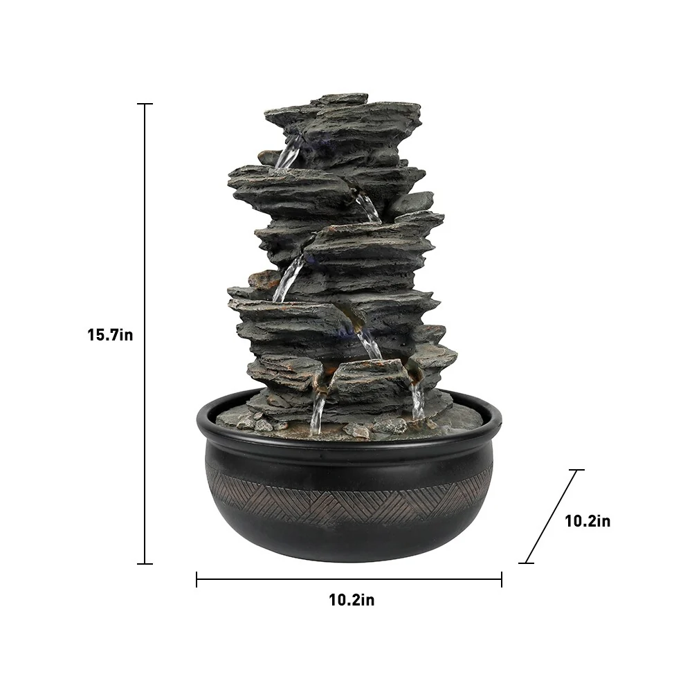 15.7 inches High Rock Falls Tabletop Water Fountain with LED Lights