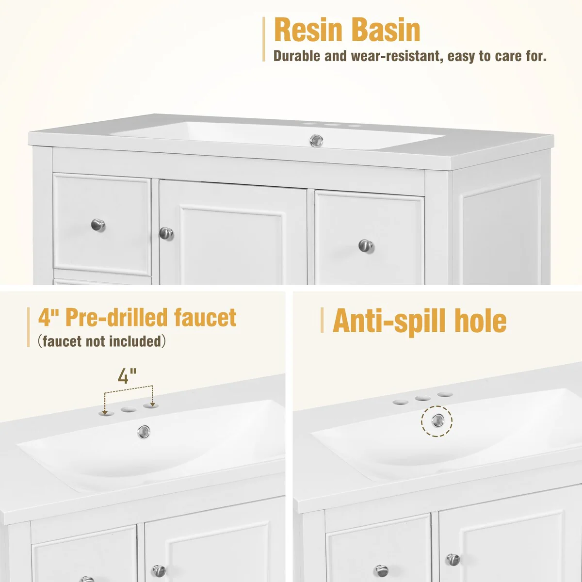 36 in. W Freestanding Bath Vanity with White Resin Sink,4 Drawers and 1 Door