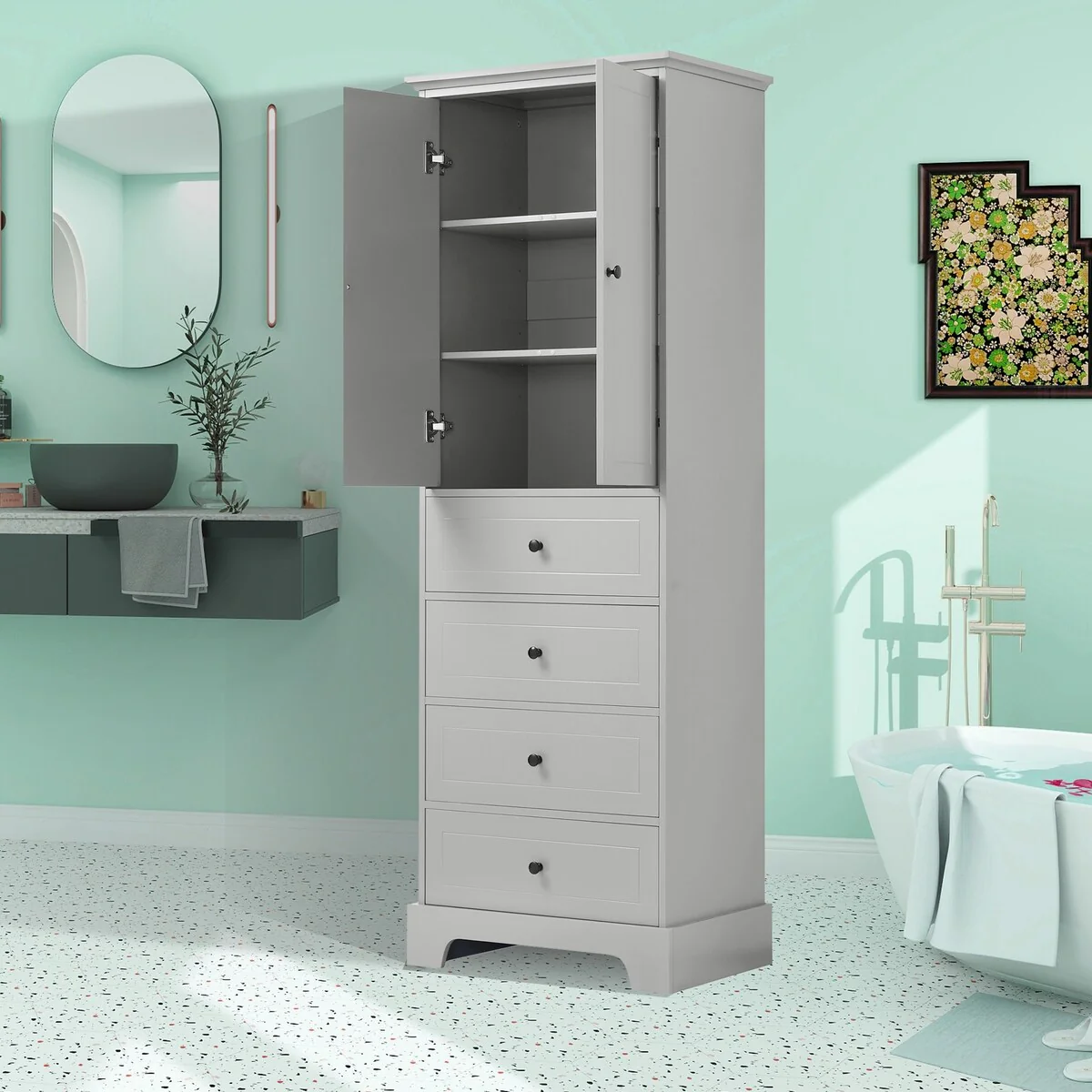 Freestanding Storage Cabinet with 2 Doors and 4 Drawers