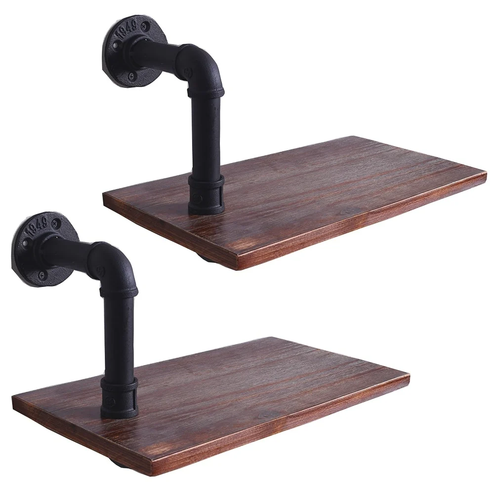 Carbon Loft Foronjy Paired Weathered Wood and Black Pipe Wall Shelves