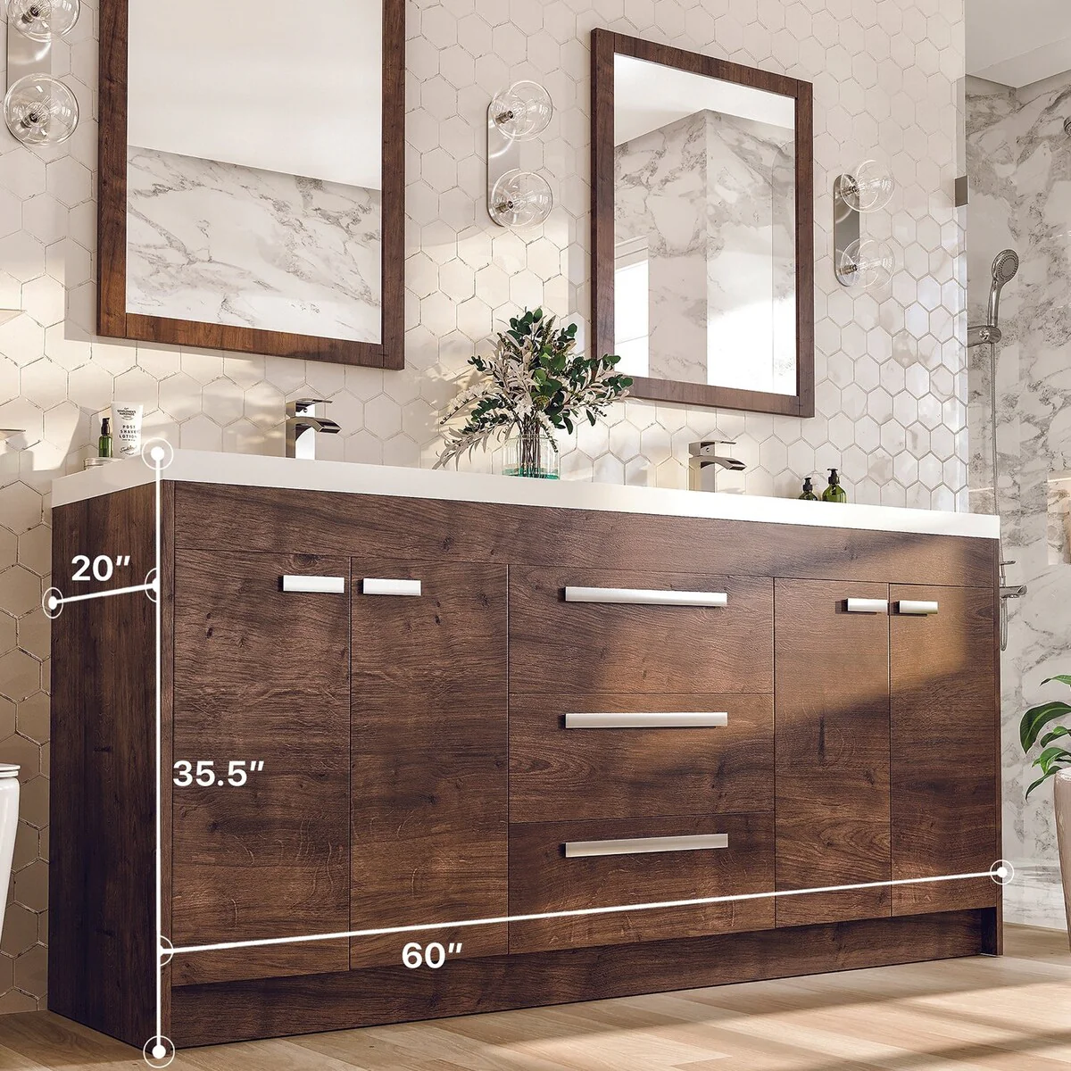 Eviva Lugano 60 inch Rosewood Modern Double Sink Bathroom Vanity with White Integrated Acrylic Top