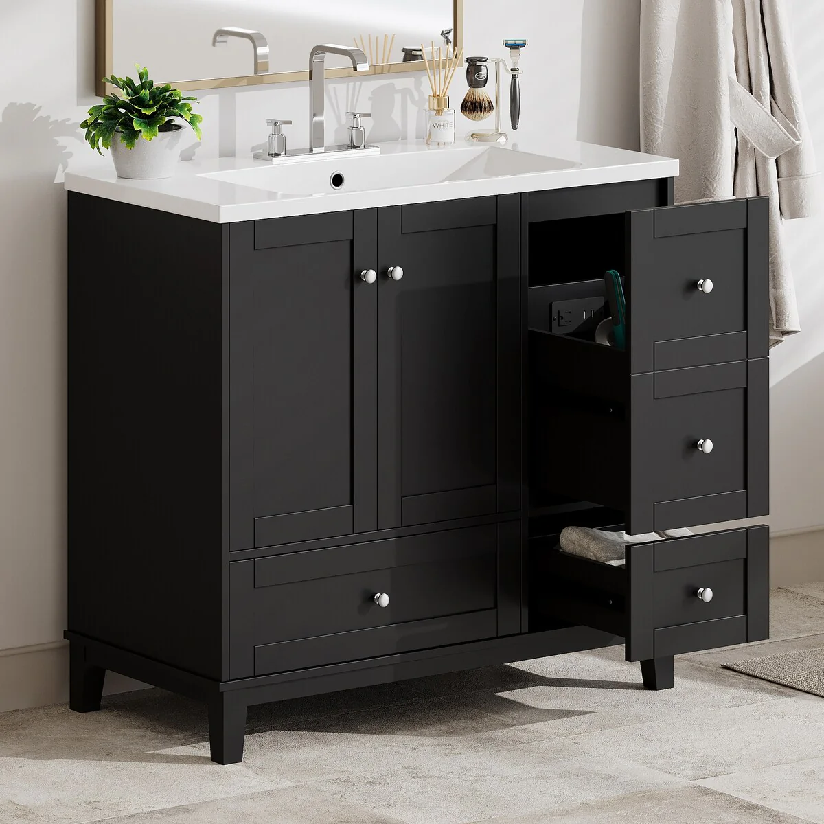 36 Inch Bathroom Vanity with USB Charging, Two Doors and Three Drawers, Small Bathroom Vanity cabinet with single sink