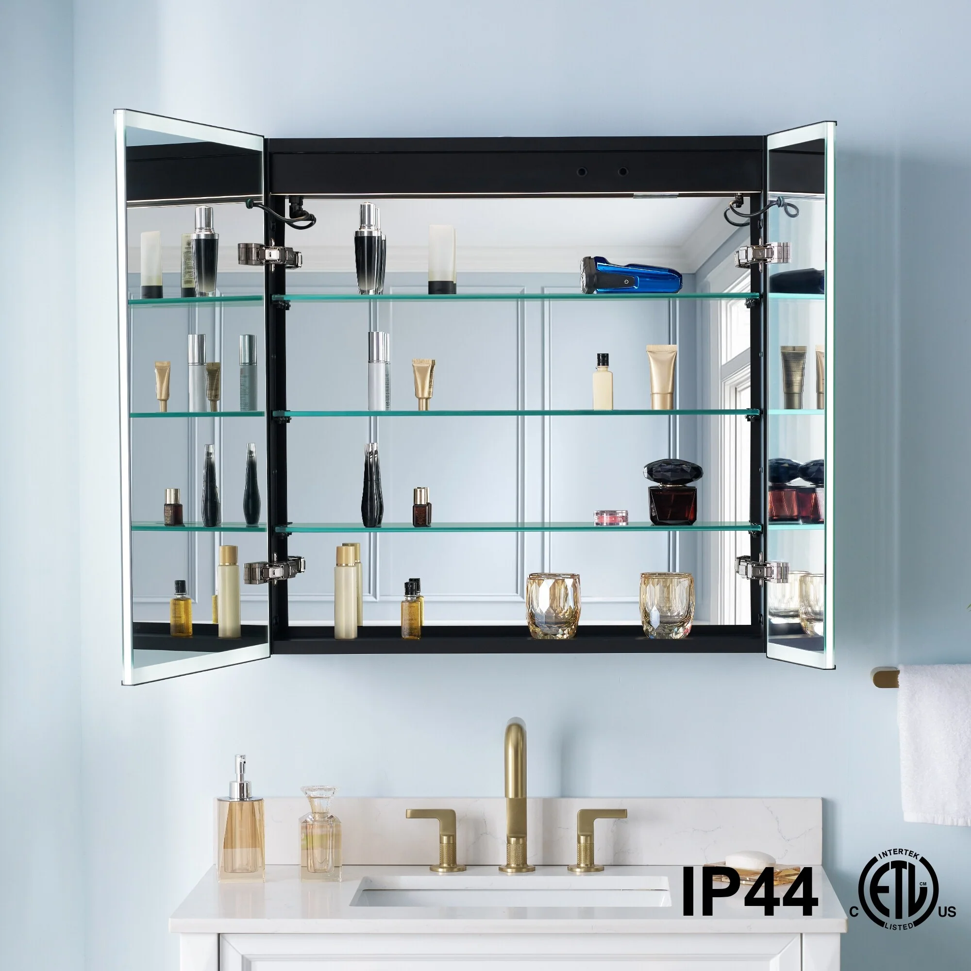 30'' H Recessed Or Surface Wall Mounted LED Mirror Cabinet With Mirror And Adjustable Shelves,Black Frame