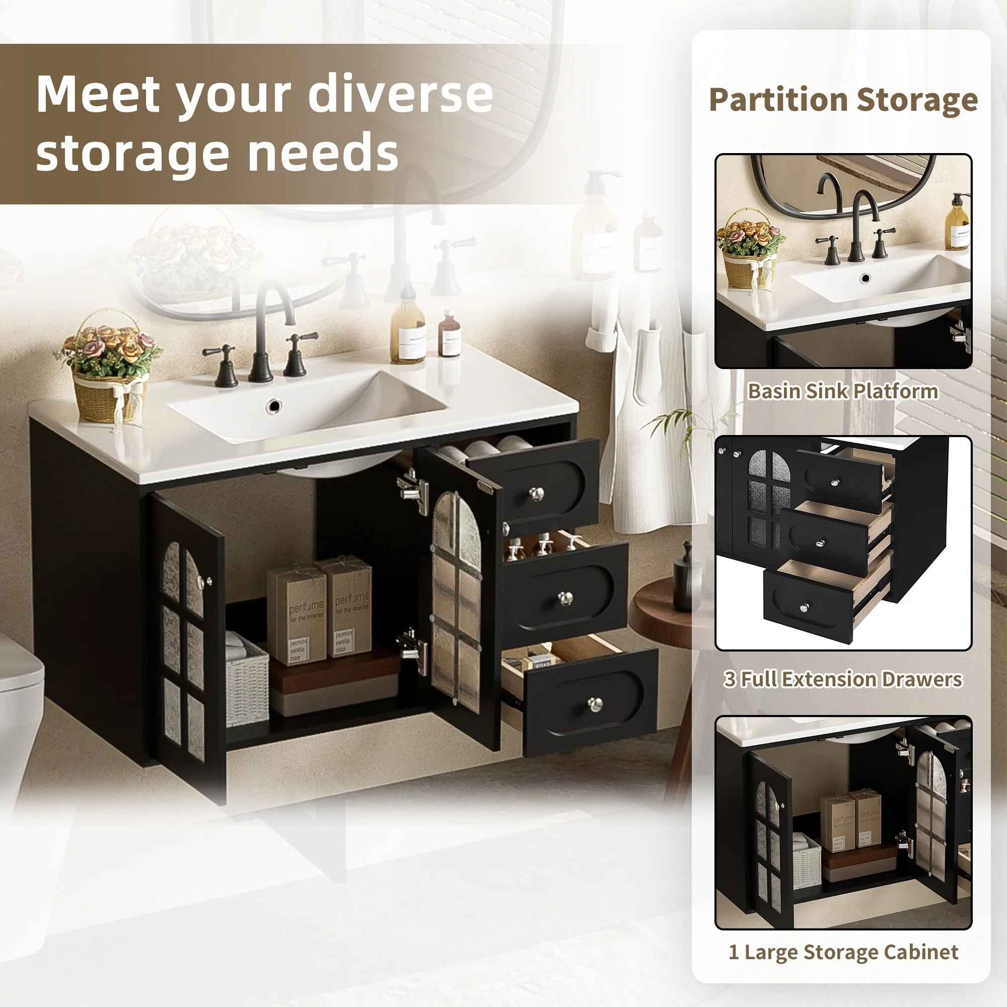 GDFStudio 36 Inch Floating Bathroom Vanity with Ceramic Sink, Wall Mounted Bathroom Cabinet with 3 Drawers